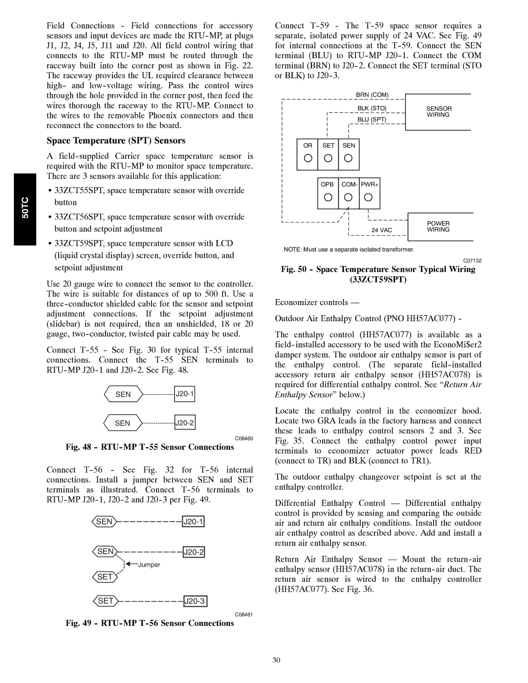 Carrier 50TC installation instructions Space Temperature SPT Sensors, RTU-MP T-55 Sensor Connections 