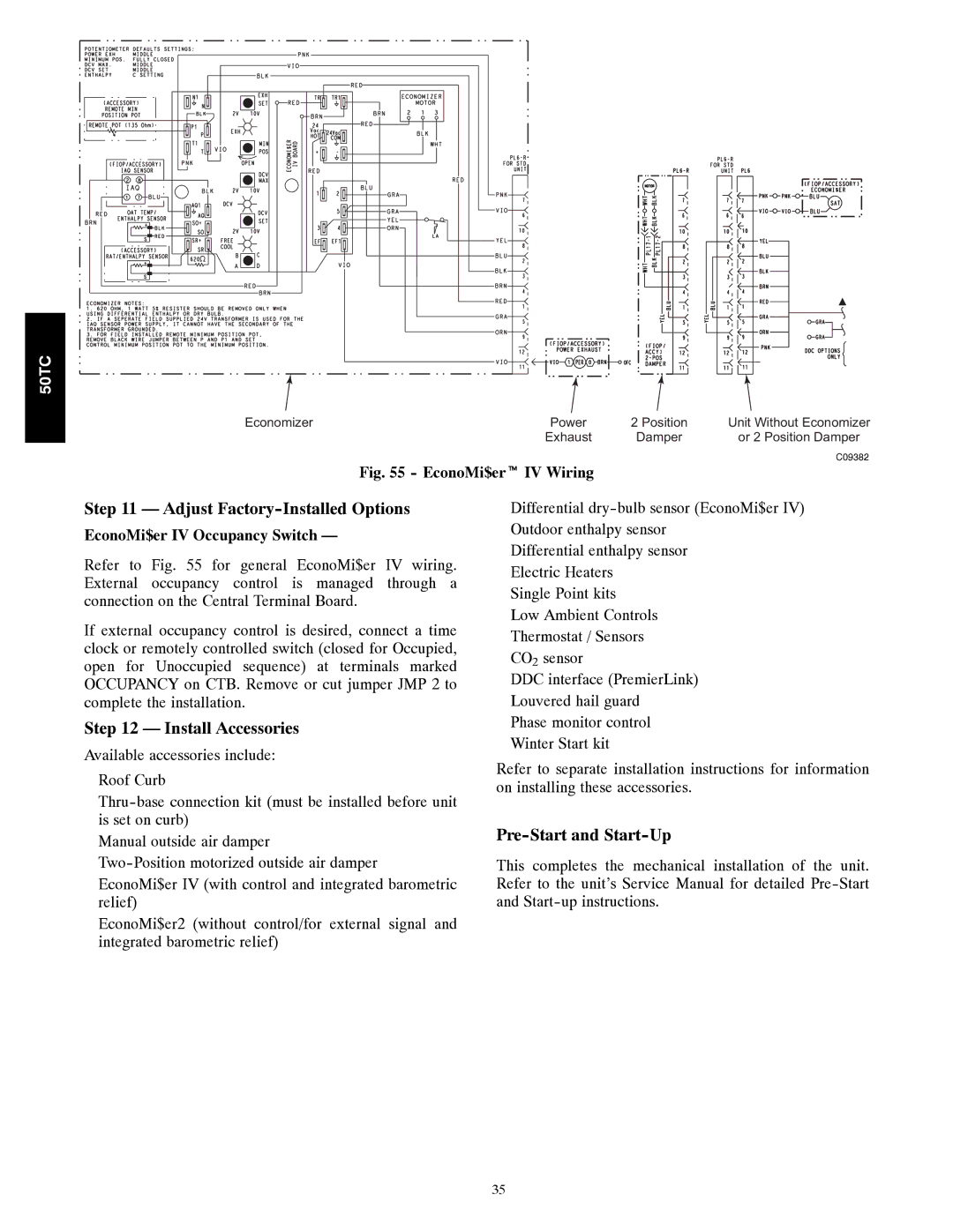 Carrier 50TC Adjust Factory-Installed Options, Install Accessories, Pre-Start and Start-Up, EconoMi$er IV Occupancy Switch 