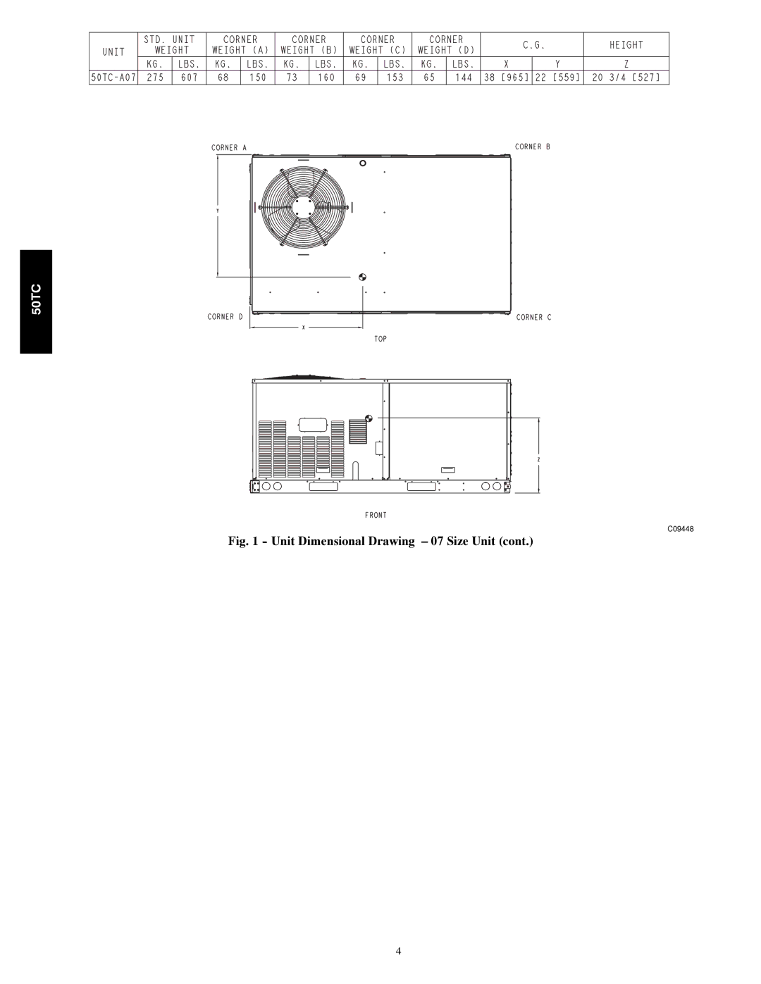 Carrier 50TC installation instructions Unit Dimensional Drawing 07 Size Unit 