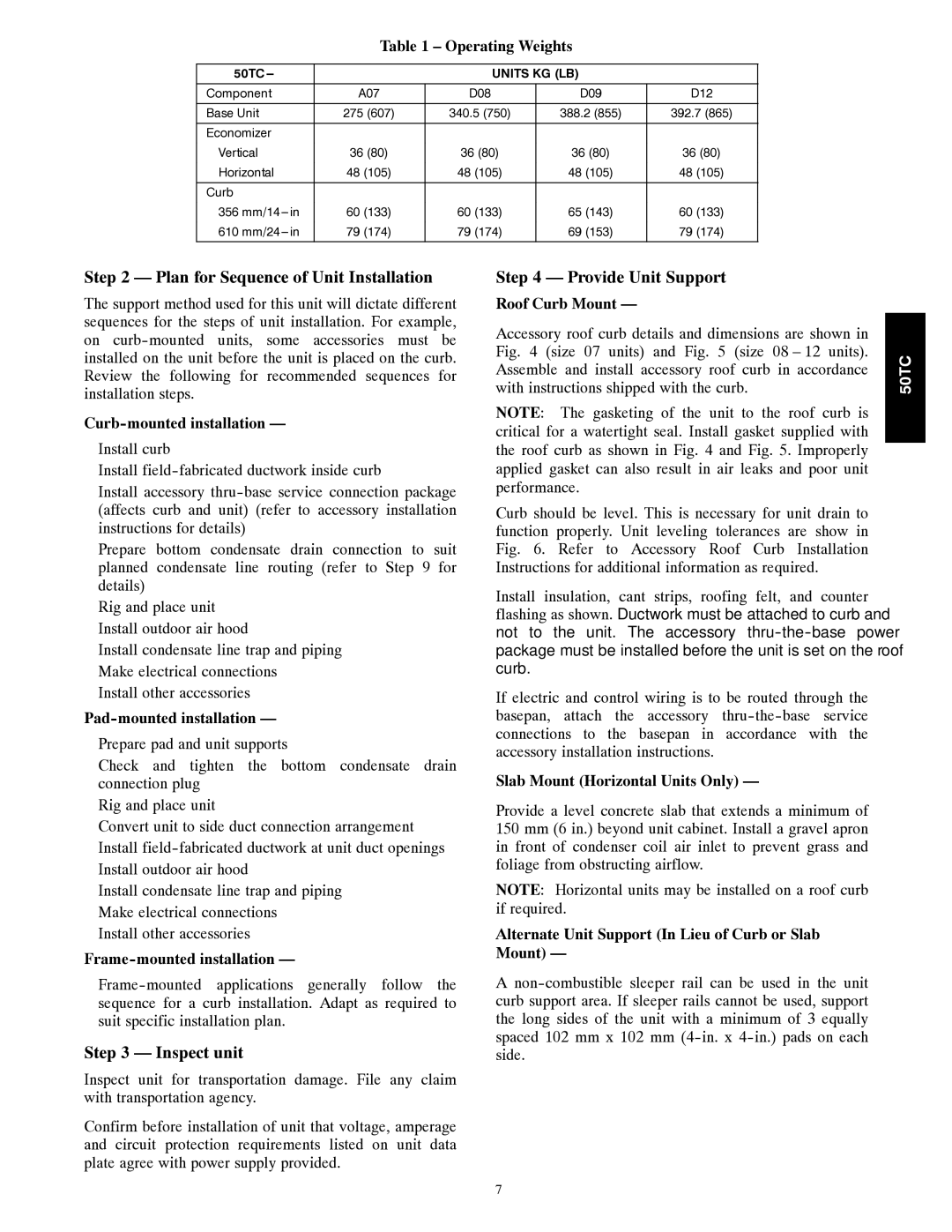 Carrier 50TC installation instructions Plan for Sequence of Unit Installation, Inspect unit, Provide Unit Support 