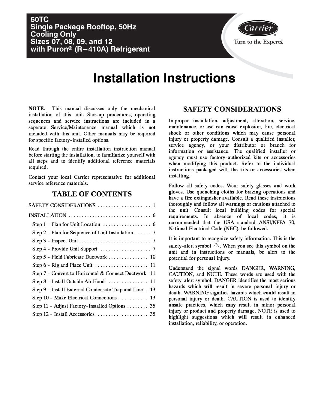 Carrier 50TC installation instructions Table Of Contents, Safety Considerations, Installation Instructions 