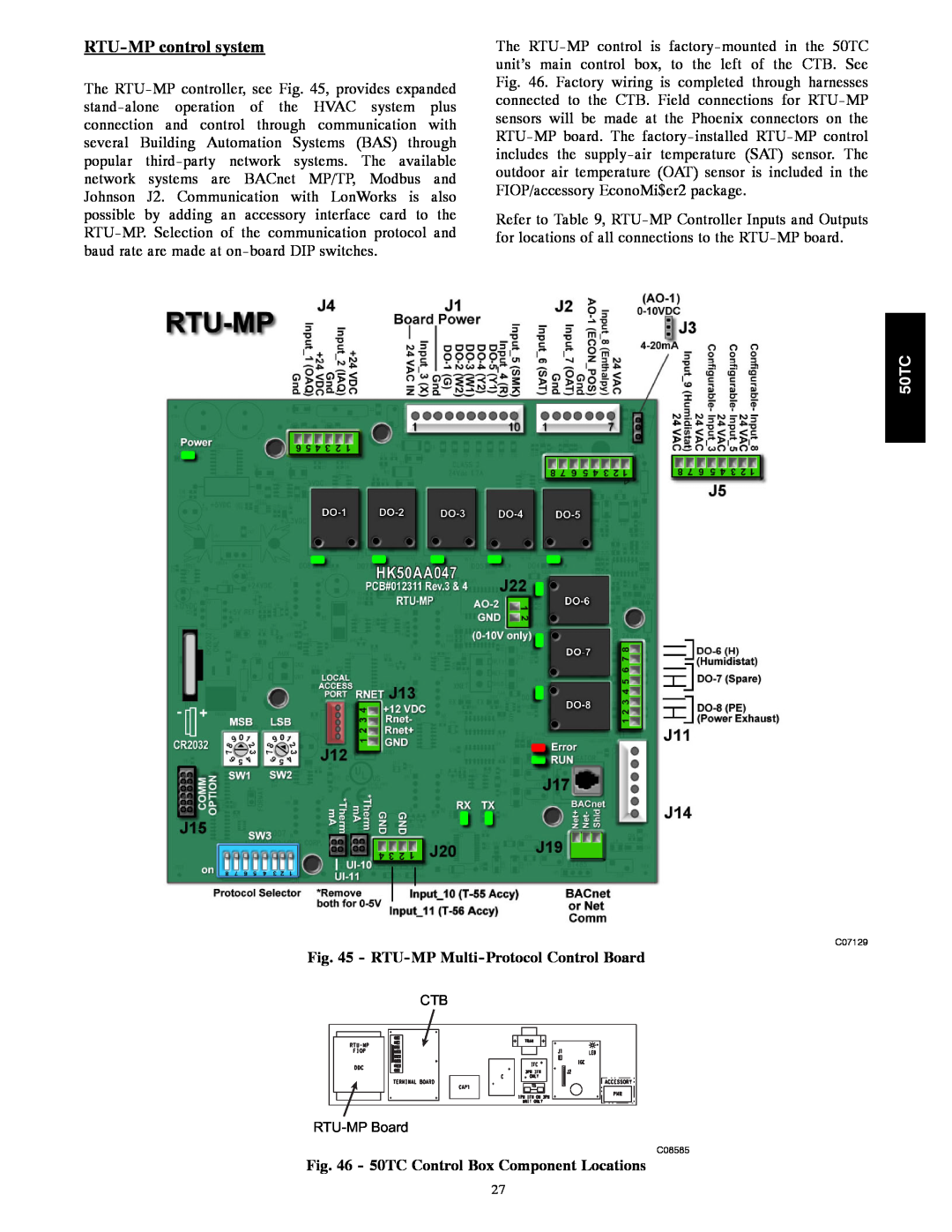 Carrier RTU-MPcontrol system, RTU-MP Multi-ProtocolControl Board, 50TC Control Box Component Locations 