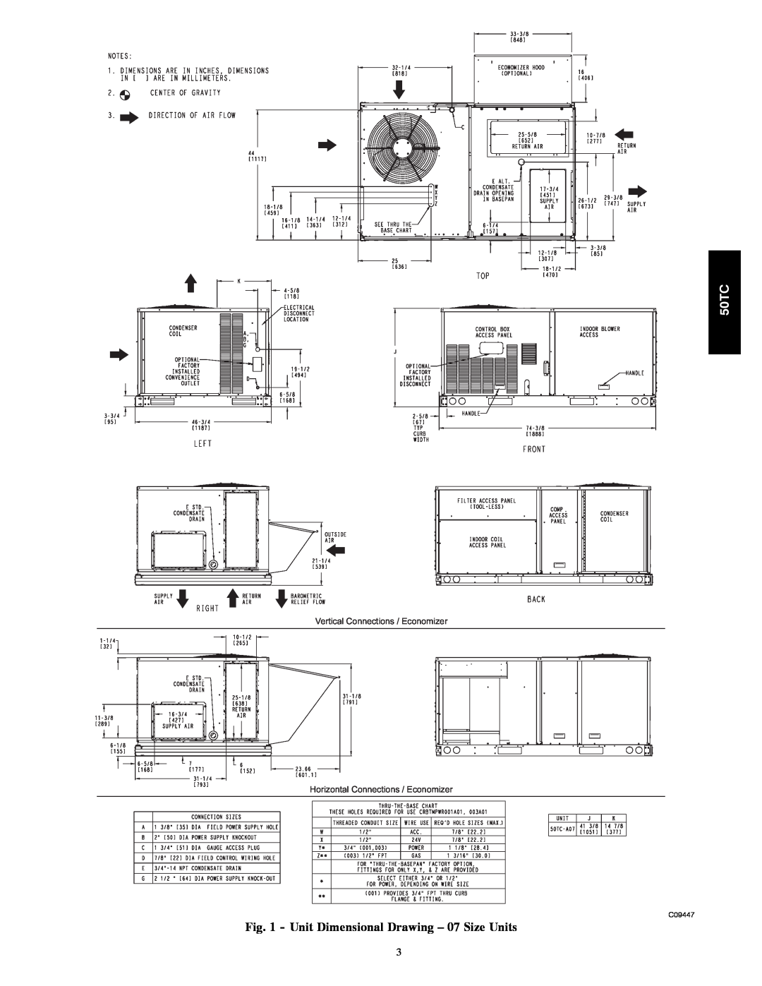 Carrier 50TC installation instructions Unit Dimensional Drawing - 07 Size Units, Vertical Connections / Economizer, C09447 