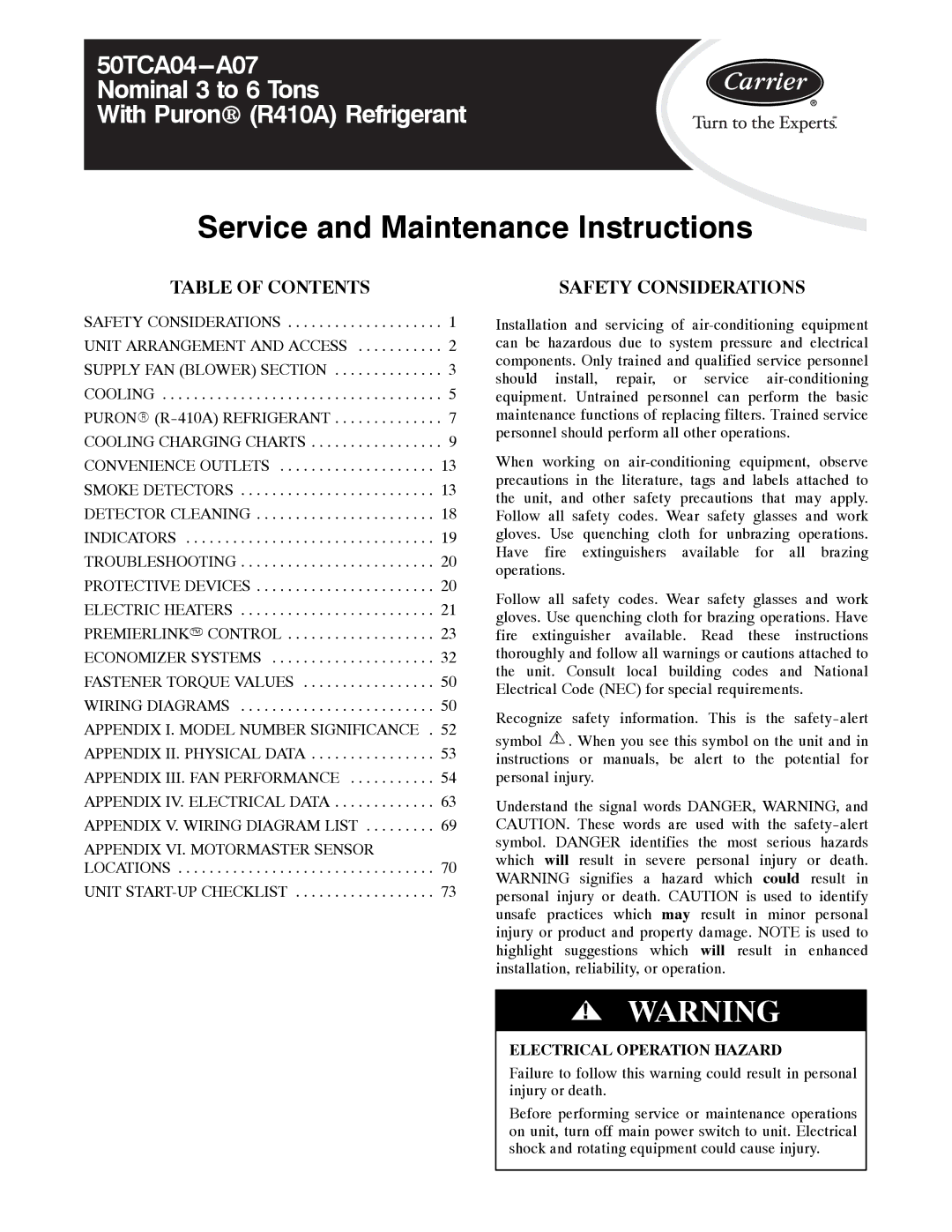 Carrier 50TCA04-A07 appendix Table of Contents, Safety Considerations 