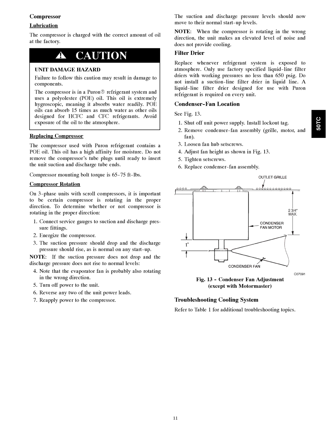 Carrier 50TCA04-A07 appendix Compressor, Filter Drier, Condenser-Fan Location, Troubleshooting Cooling System 