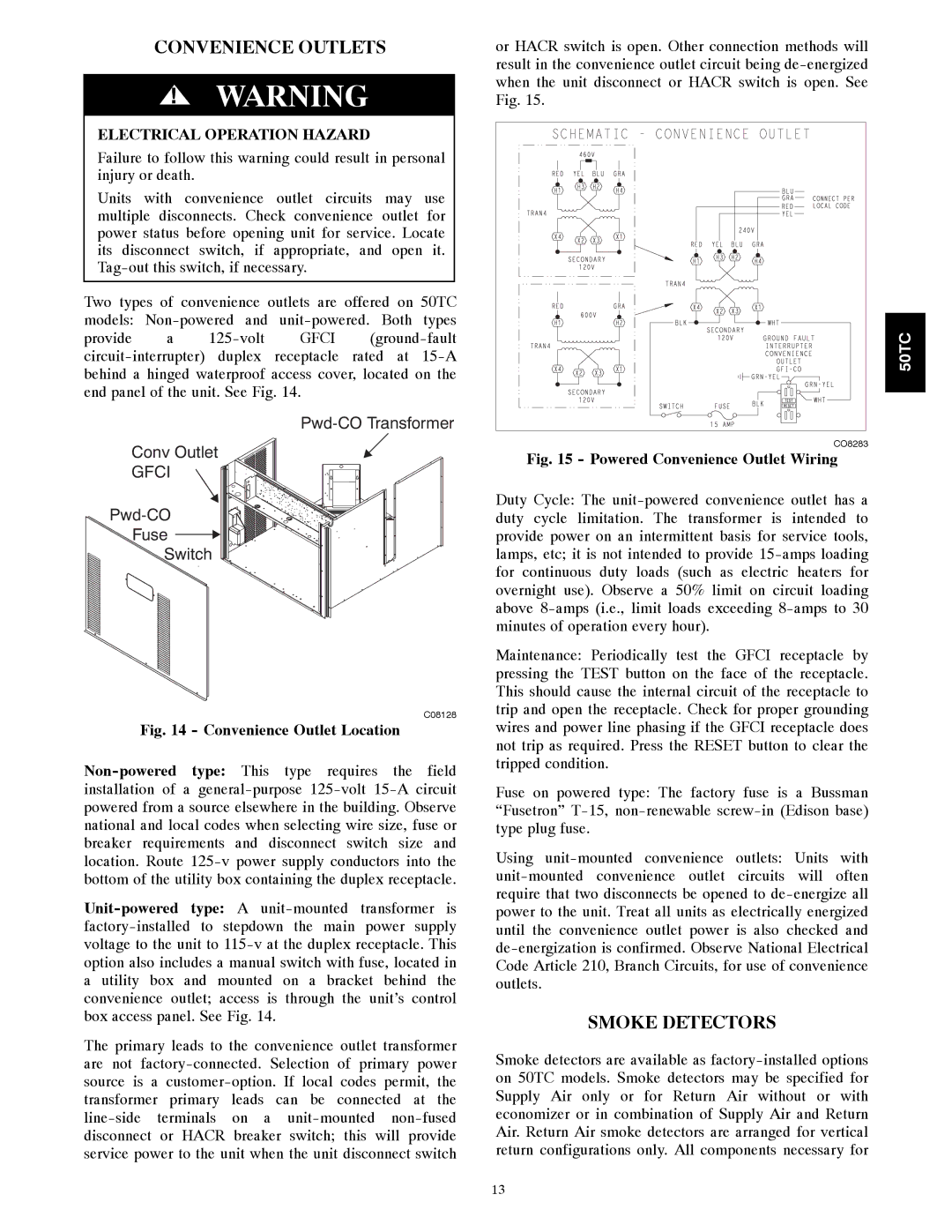 Carrier 50TCA04-A07 appendix Convenience Outlets, Smoke Detectors 