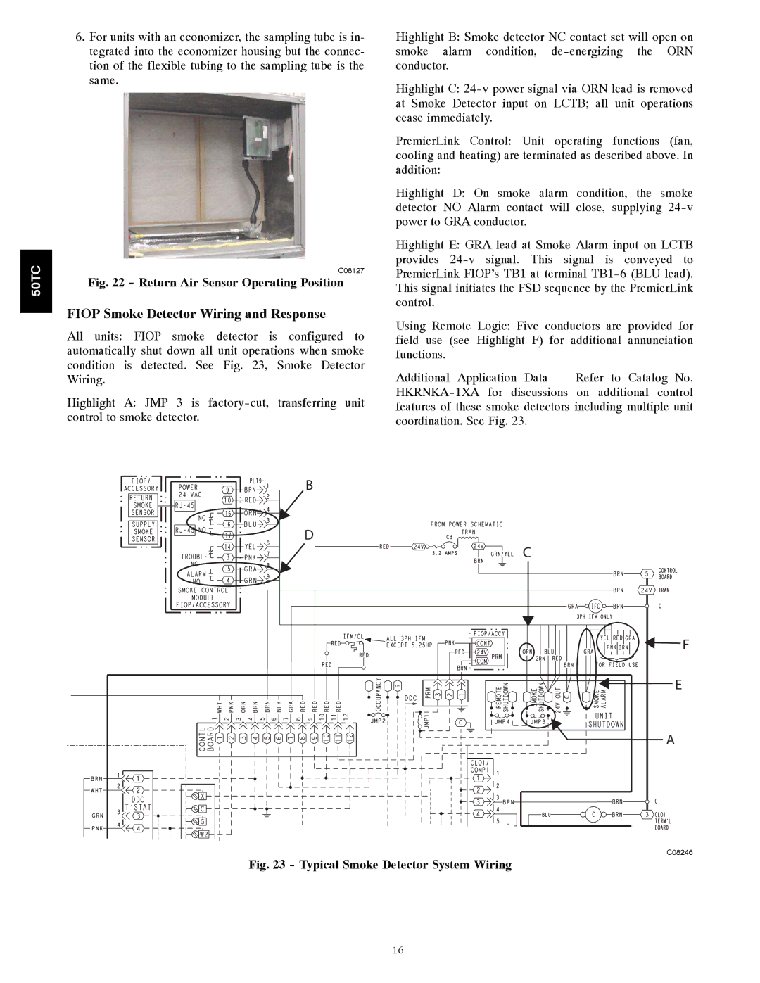 Carrier 50TCA04-A07 appendix Fiop Smoke Detector Wiring and Response, Return Air Sensor Operating Position 