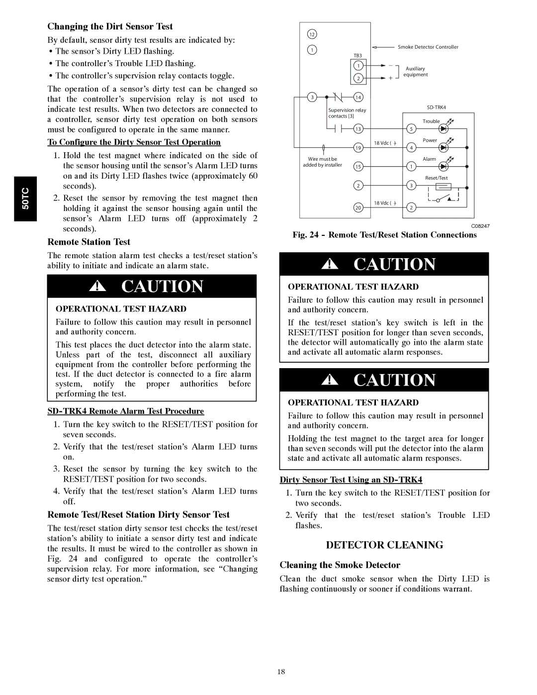 Carrier 50TCA04-A07 Detector Cleaning, Changing the Dirt Sensor Test, Remote Station Test, Cleaning the Smoke Detector 