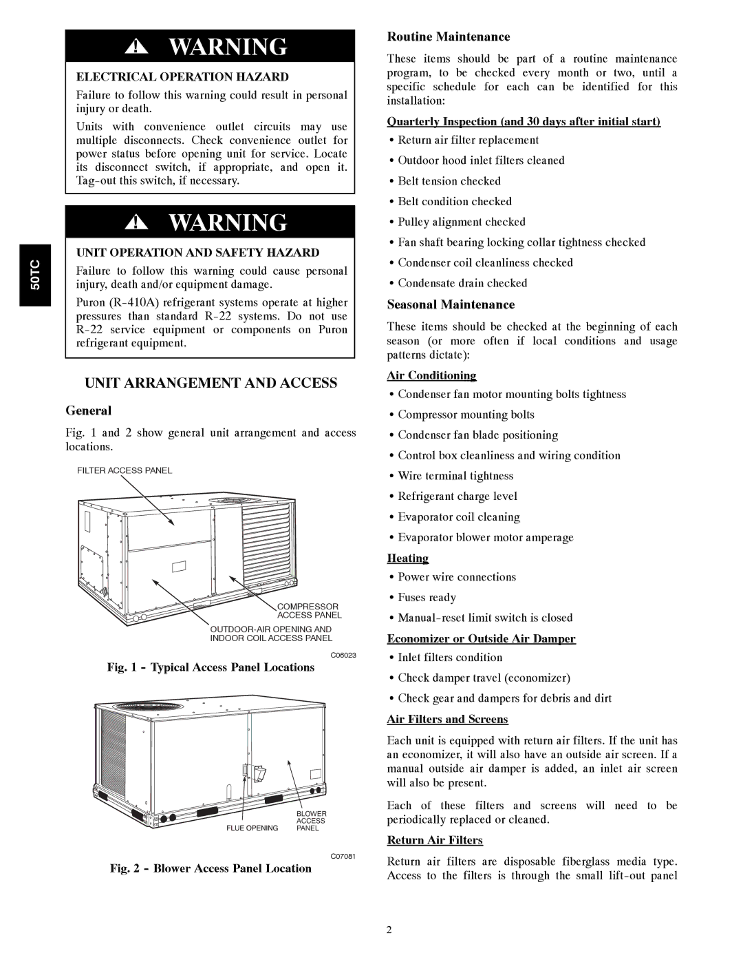 Carrier 50TCA04-A07 appendix Unit Arrangement and Access, General, Routine Maintenance, Seasonal Maintenance 