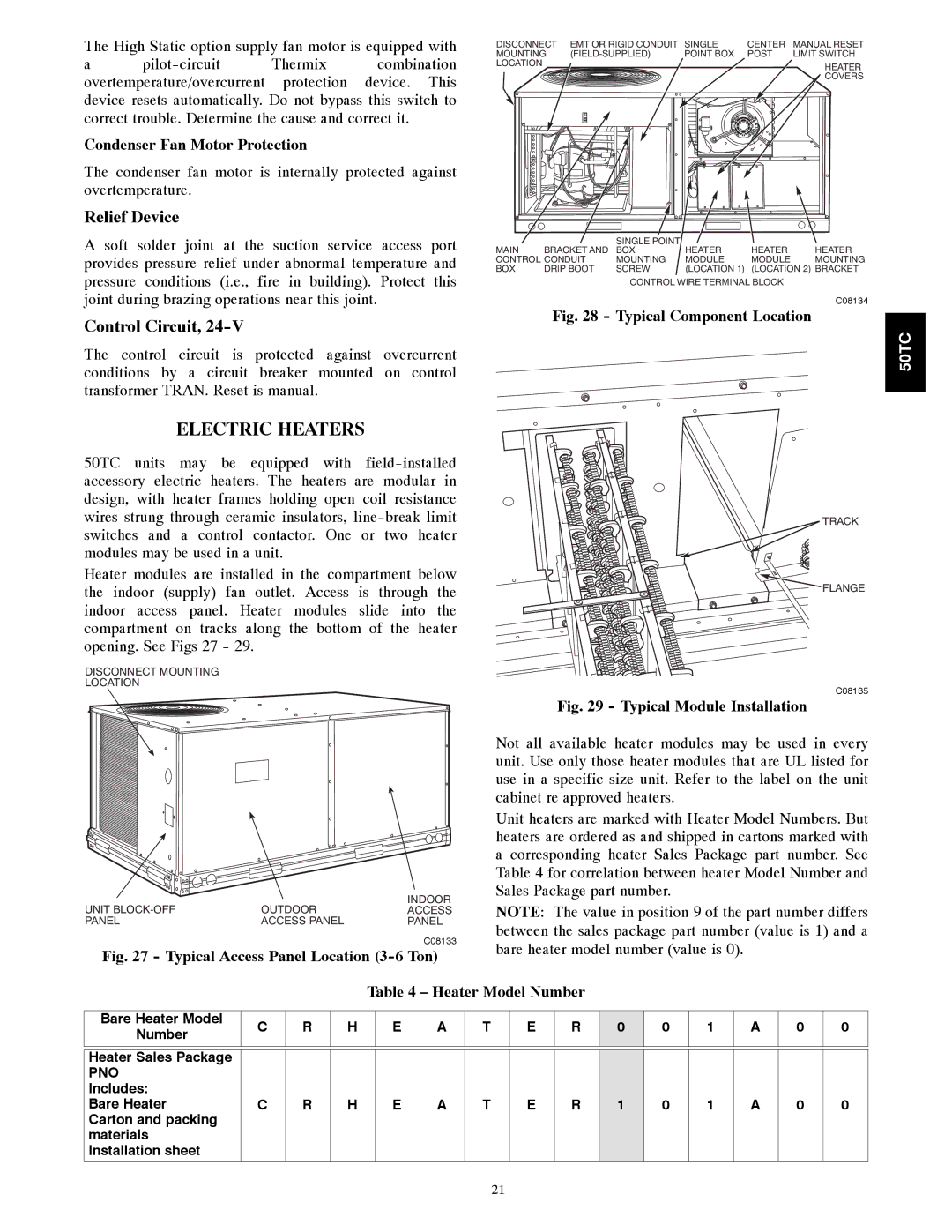 Carrier 50TCA04-A07 Electric Heaters, Relief Device, Control Circuit, Condenser Fan Motor Protection, Heater Model Number 