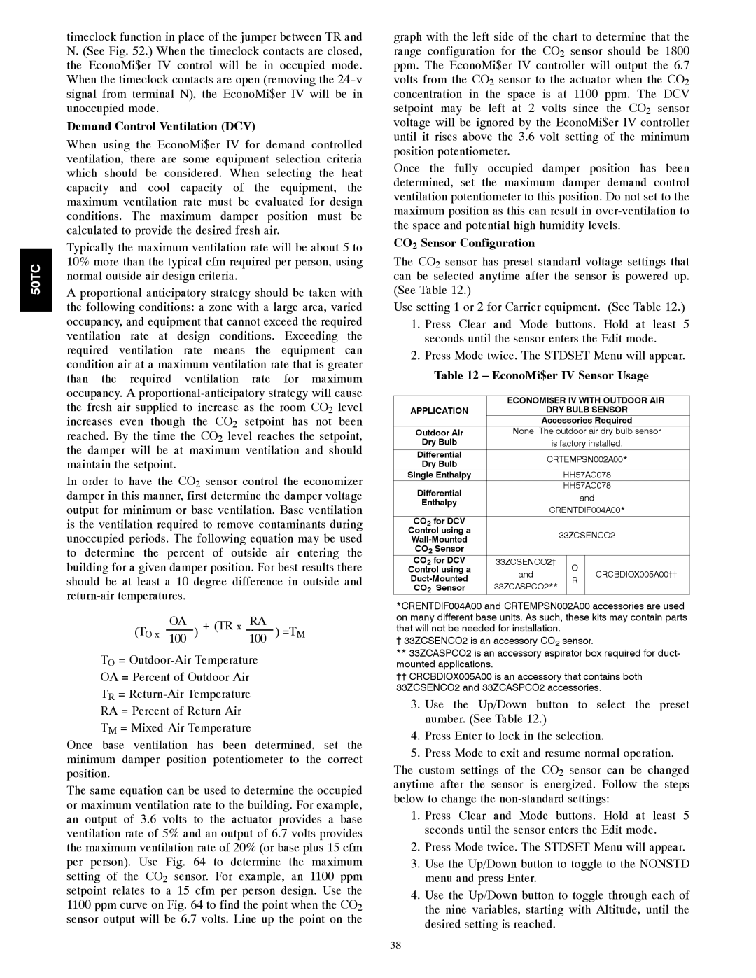 Carrier 50TCA04-A07 appendix Demand Control Ventilation DCV, CO2 Sensor Configuration, EconoMi$er IV Sensor Usage 