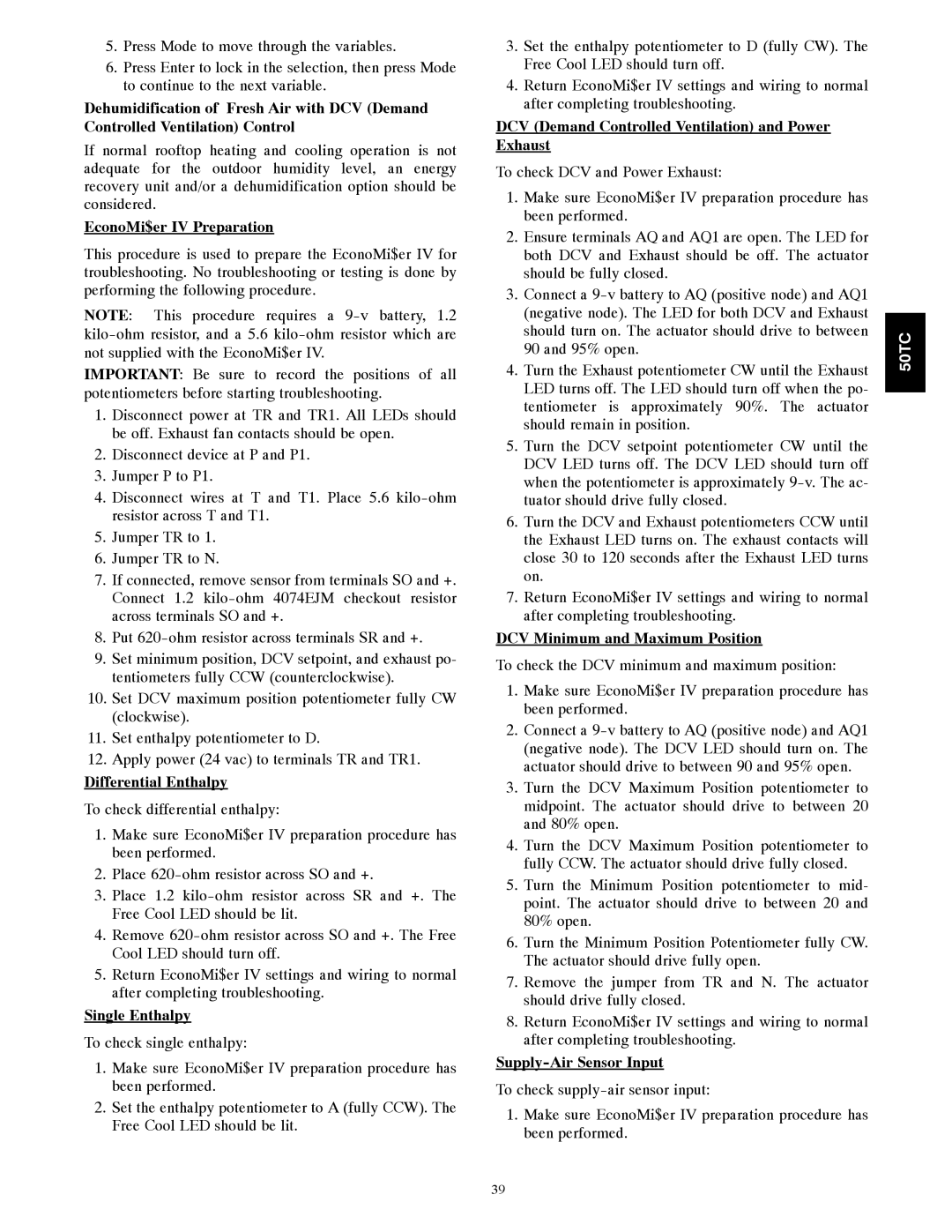 Carrier 50TCA04-A07 EconoMi$er IV Preparation, Differential Enthalpy, Single Enthalpy, DCV Minimum and Maximum Position 