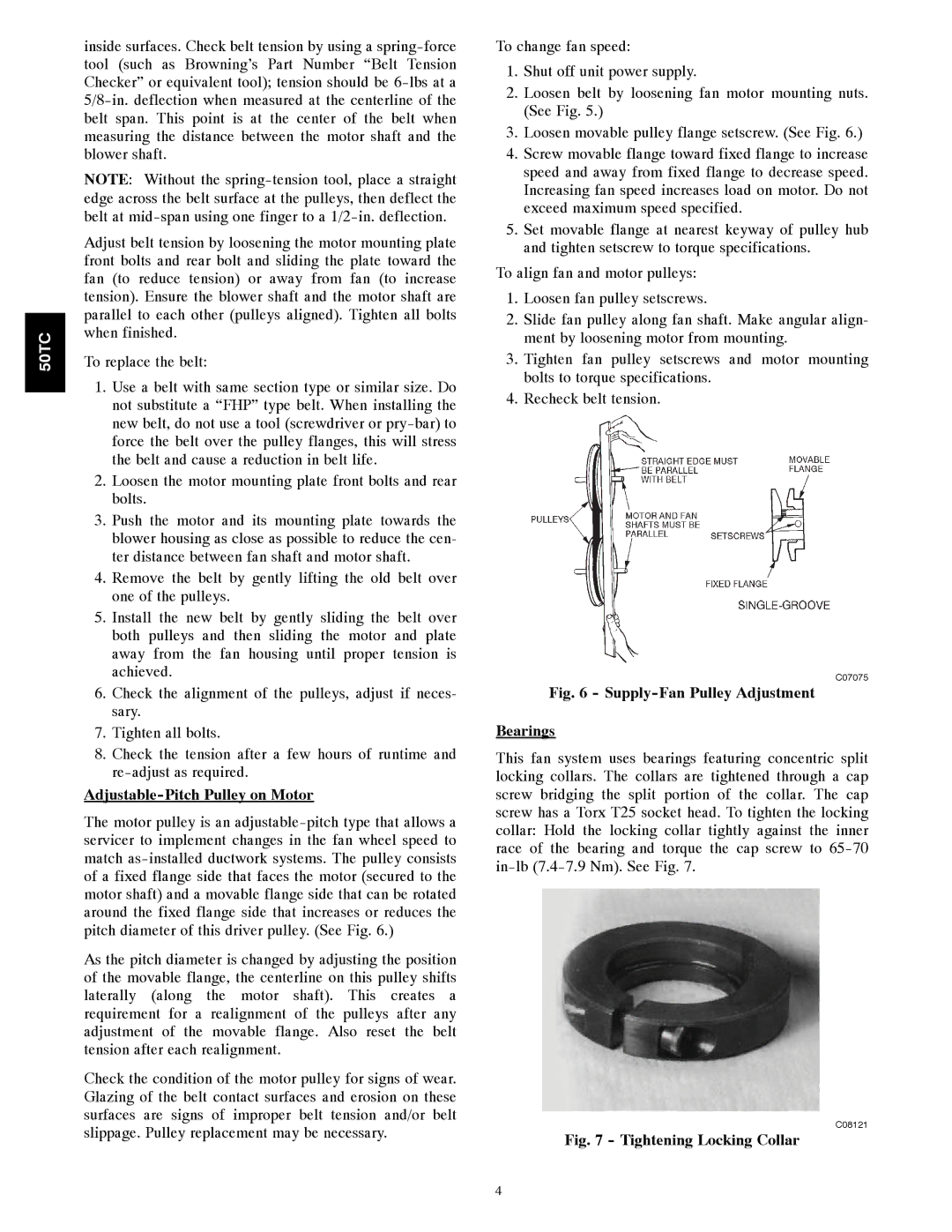 Carrier 50TCA04-A07 appendix Adjustable-Pitch Pulley on Motor, Supply-Fan Pulley Adjustment Bearings 