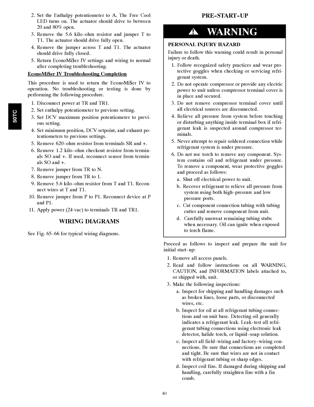 Carrier 50TCA04-A07 appendix Wiring Diagrams, Pre-Start-Up, EconoMi$er IV Troubleshooting Completion 