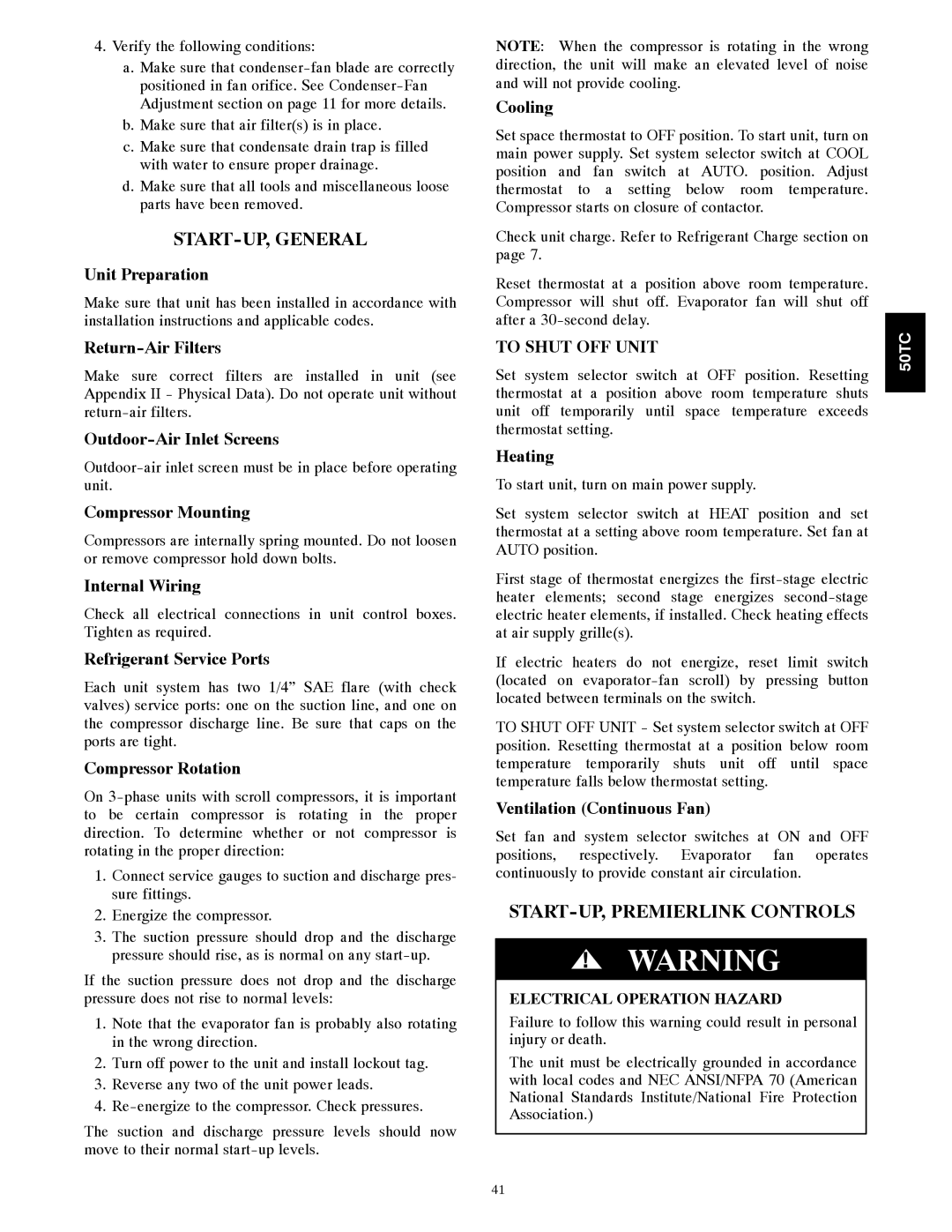 Carrier 50TCA04-A07 appendix START-UP, General, START-UP, Premierlink Controls 