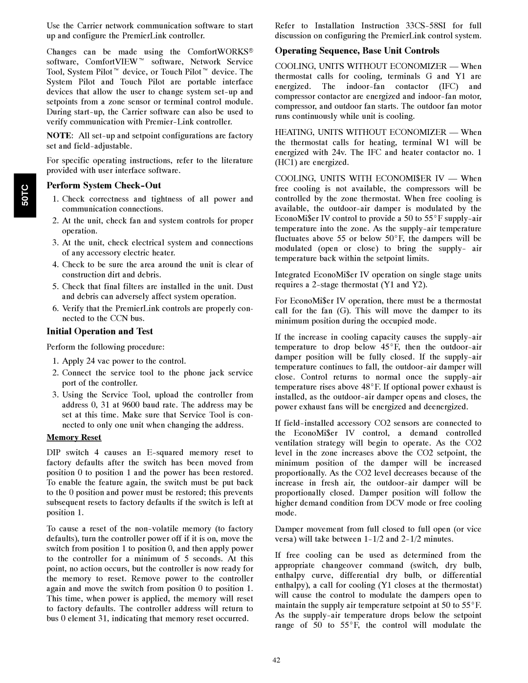 Carrier 50TCA04-A07 appendix Perform System Check-Out, Initial Operation and Test, Operating Sequence, Base Unit Controls 