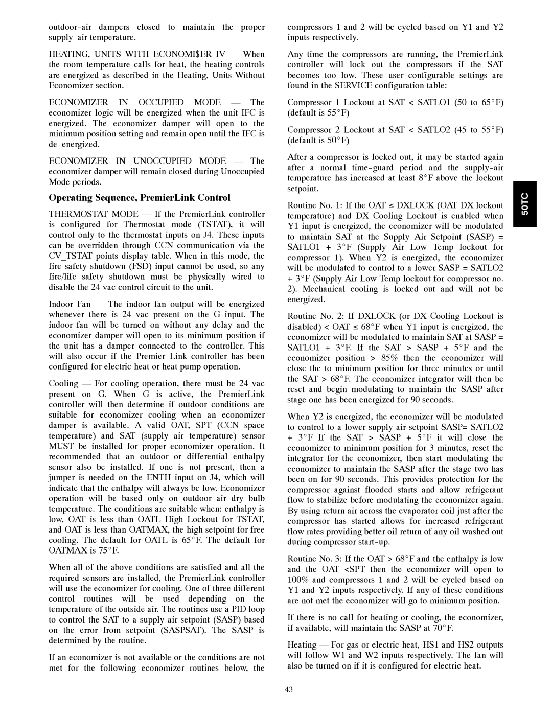 Carrier 50TCA04-A07 appendix Operating Sequence, PremierLink Control 