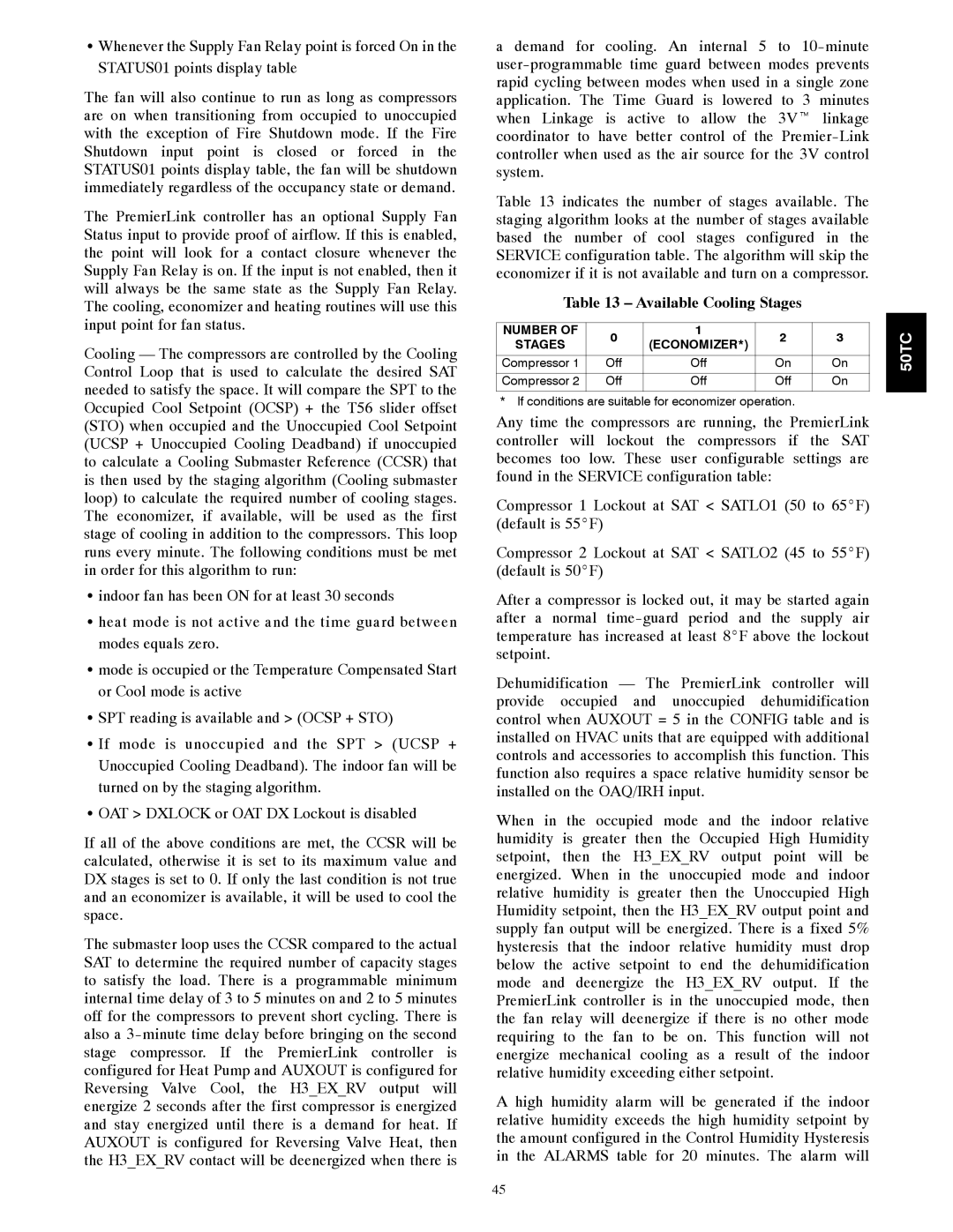 Carrier 50TCA04-A07 appendix Available Cooling Stages, Number Stages Economizer 