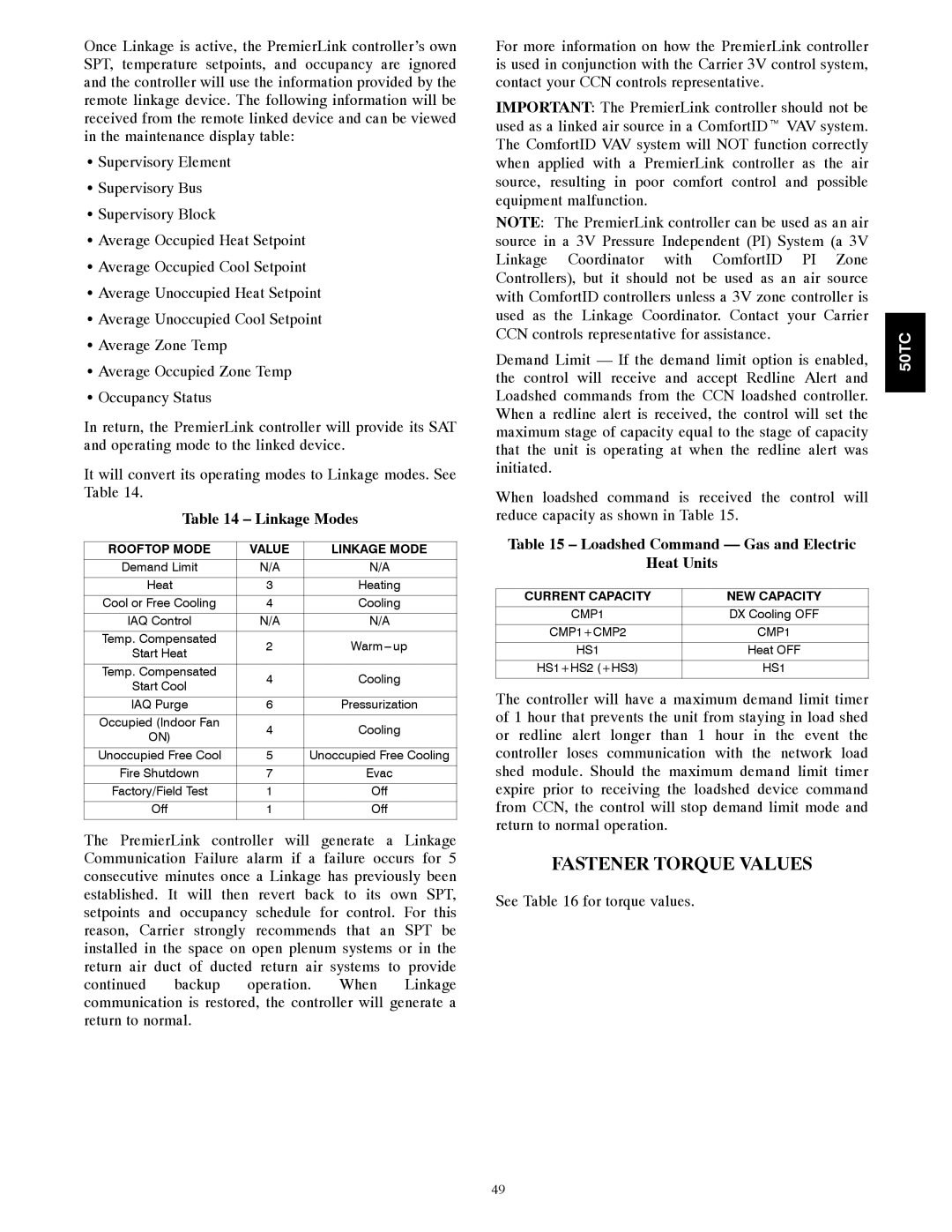 Carrier 50TCA04-A07 appendix Fastener Torque Values, Linkage Modes, Loadshed Command Gas and Electric Heat Units 