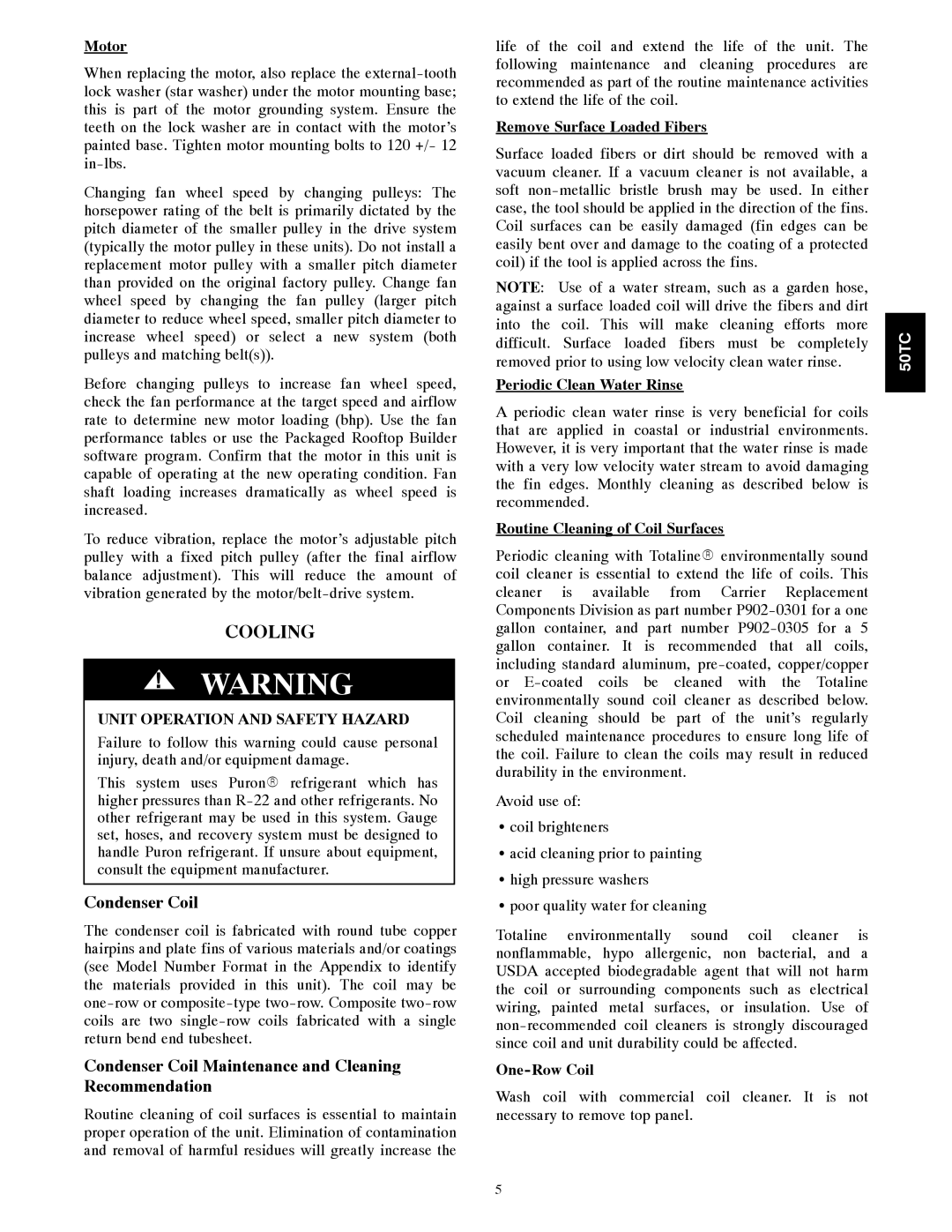 Carrier 50TCA04-A07 appendix Cooling, Condenser Coil Maintenance and Cleaning Recommendation 