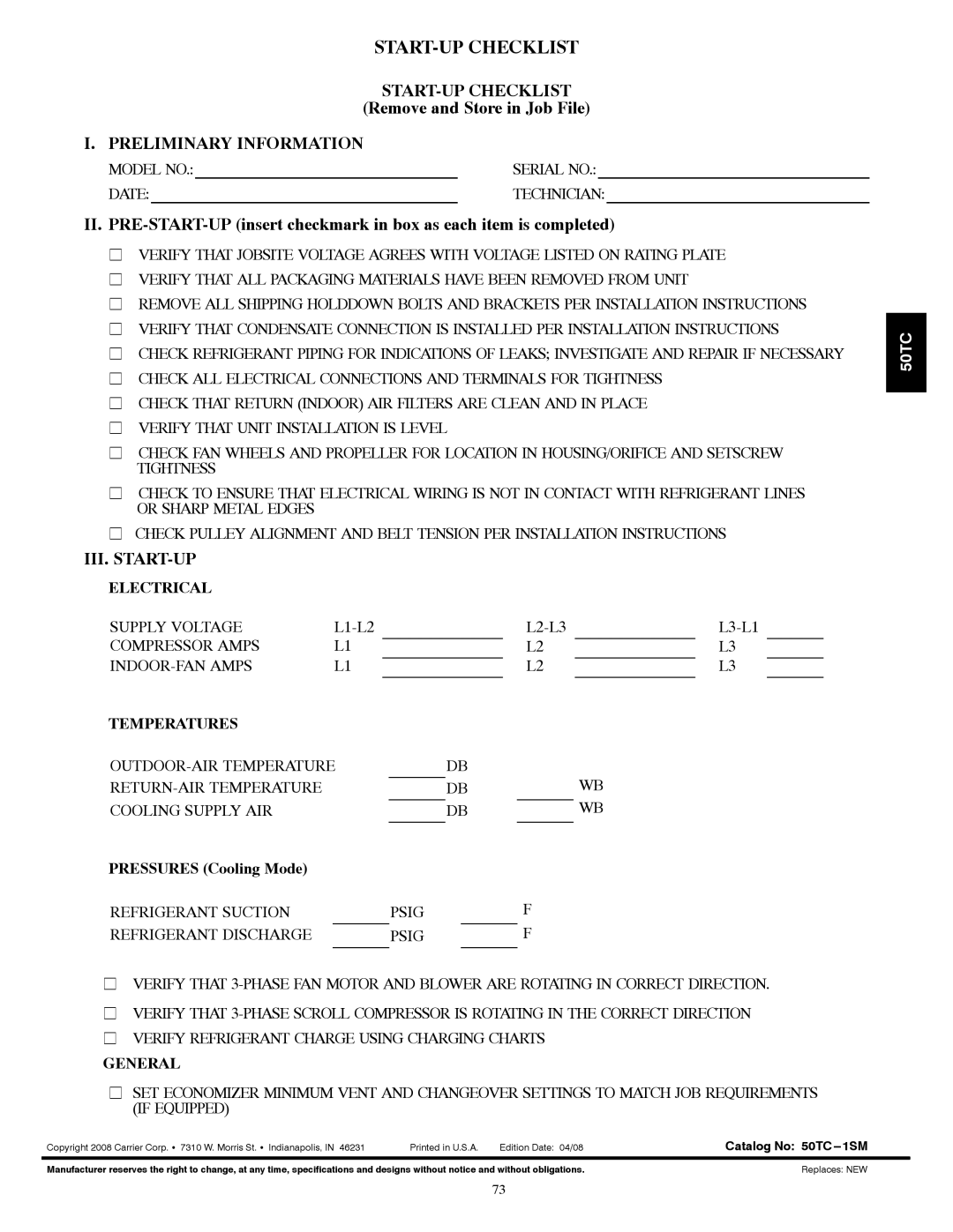 Carrier 50TCA04-A07 appendix START-UP Checklist, Remove and Store in Job File, Pressures Cooling Mode 