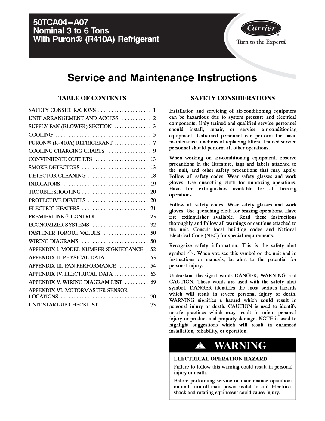 Carrier 50TCA04-A07 appendix Table Of Contents, Safety Considerations, Electrical Operation Hazard 
