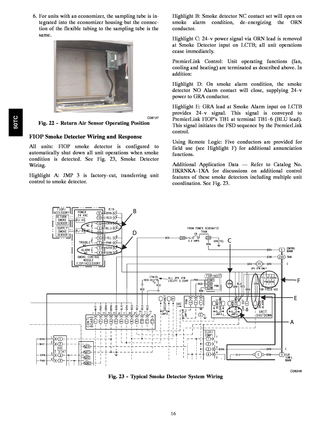 Carrier 50TCA04-A07 appendix FIOP Smoke Detector Wiring and Response, Return Air Sensor Operating Position, B D C F E A 