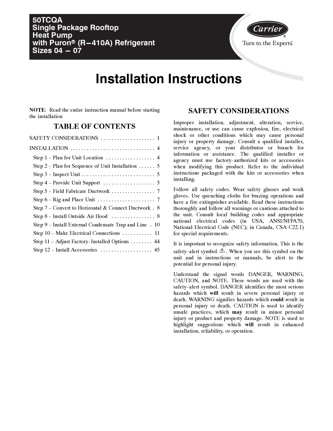 Carrier 50TCQA installation instructions Installation Instructions 