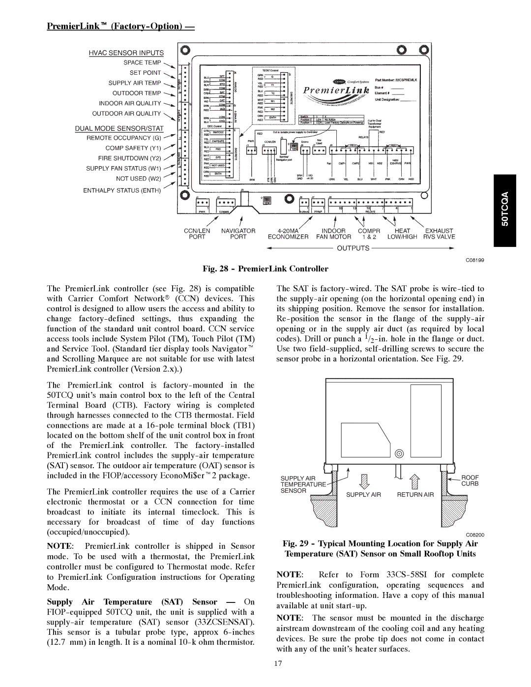 Carrier 50TCQA installation instructions PremierLinkt Factory-Option, PremierLink Controller 