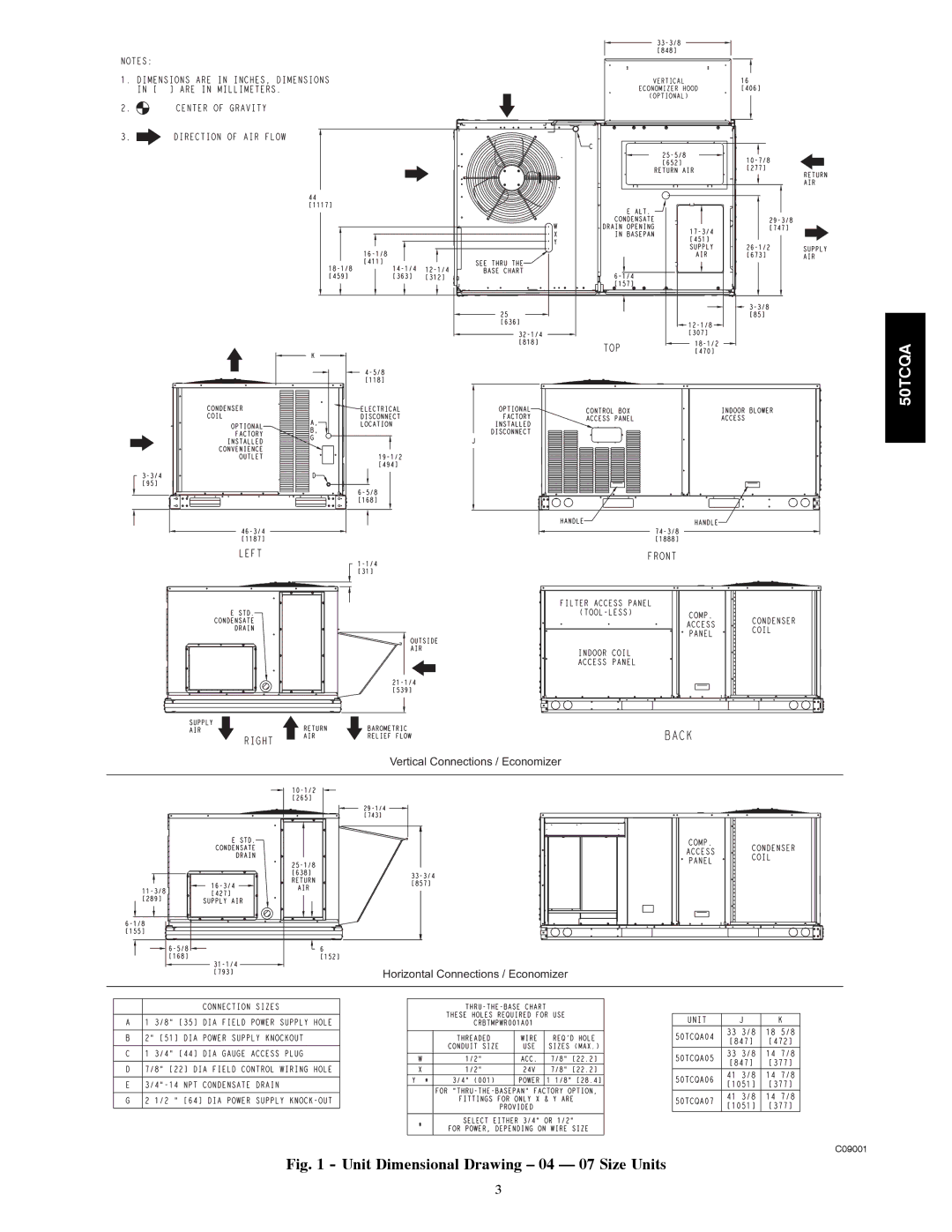 Carrier 50TCQA installation instructions Unit Dimensional Drawing 04 07 Size Units 