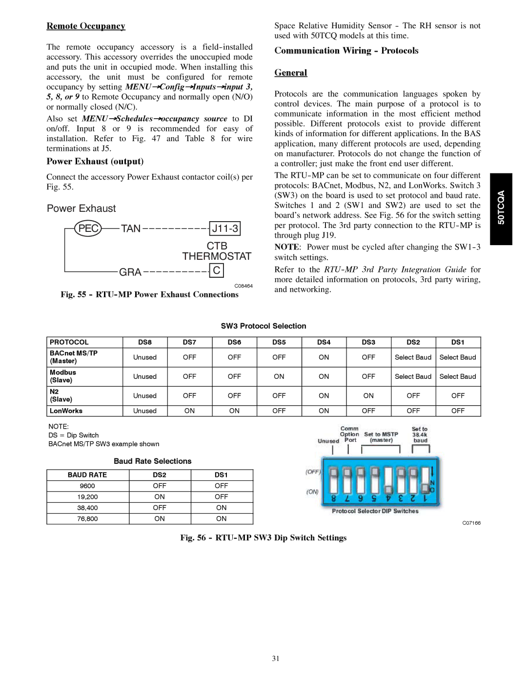 Carrier 50TCQA Remote Occupancy, Power Exhaust output, Communication Wiring Protocols General, Unused 