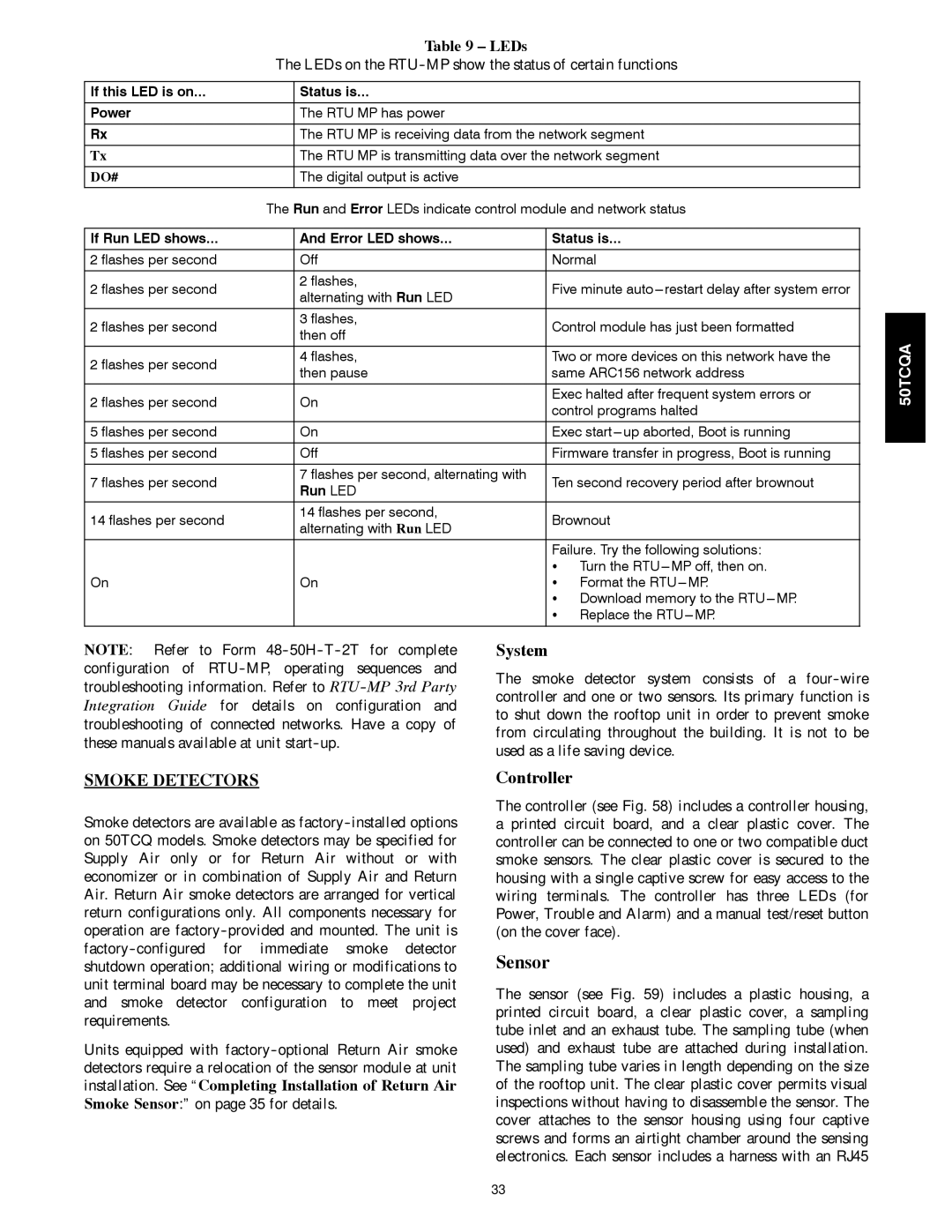 Carrier 50TCQA installation instructions System, Controller, LEDs on the RTU-MP show the status of certain functions 