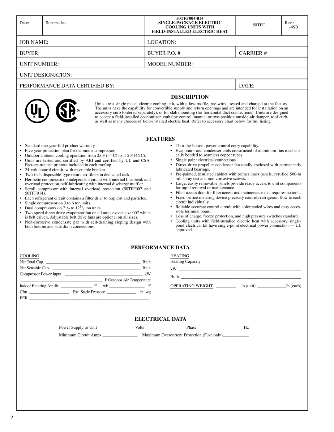 Carrier 50TFF004-014 manual Description, Features, Performance Data, Electrical Data 