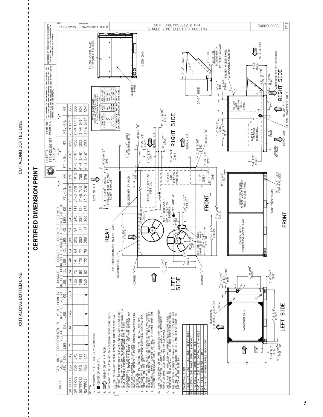 Carrier 50TFF004-014 manual Certified Dimension Print 