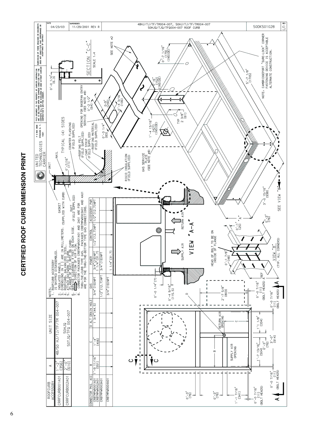 Carrier 50TFF004-014 manual Certified Roof Curb Dimension Print 