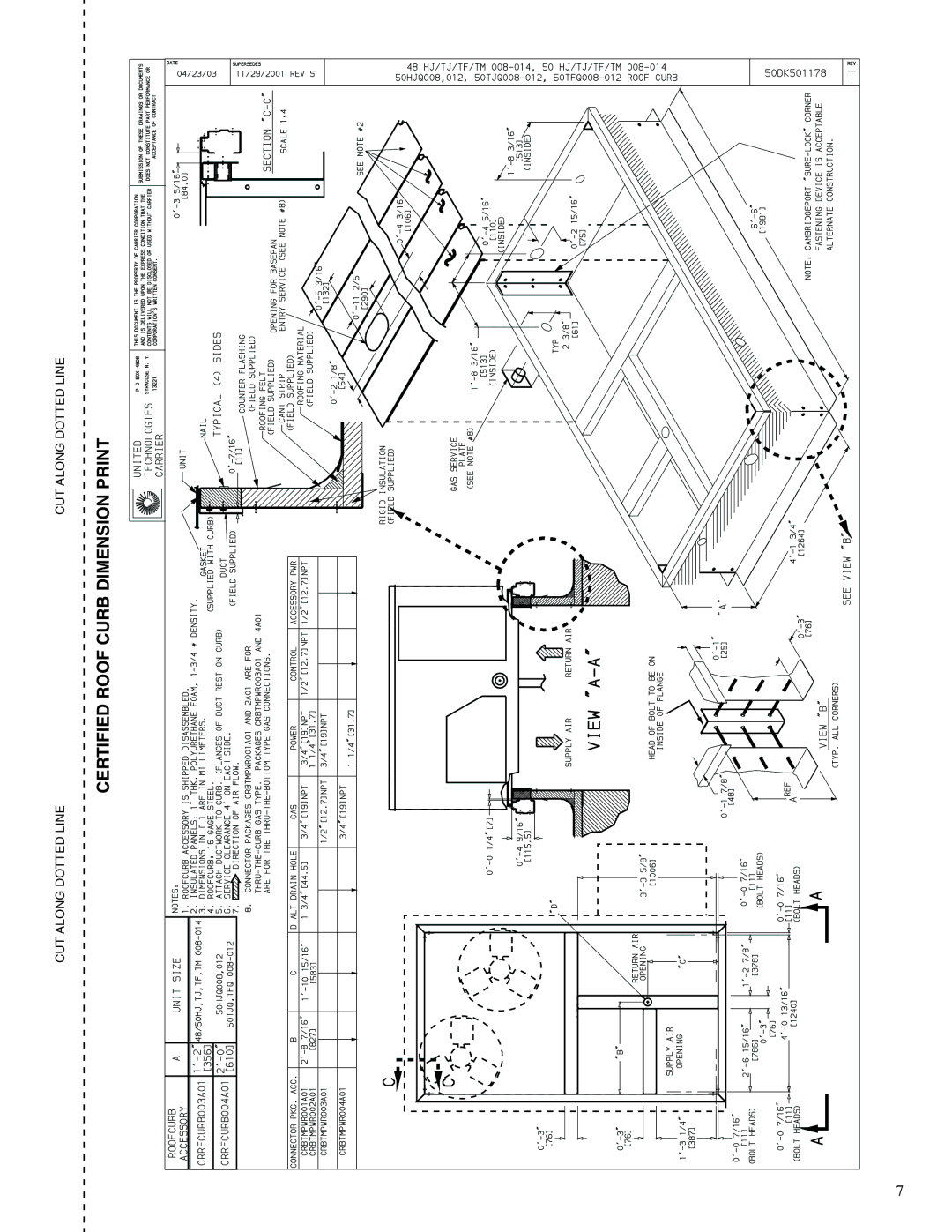 Carrier 50TFF004-014 manual Certified Roof Curb Dimension Print 