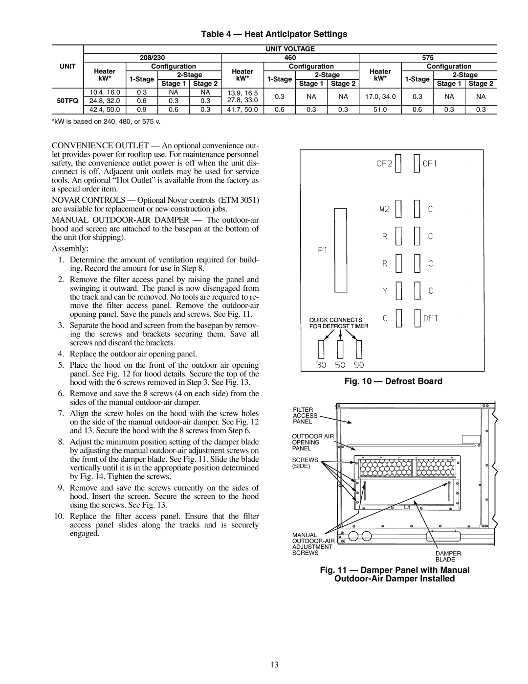 Carrier 50TFQ008-012 specifications Heat Anticipator Settings, 208/230 460 575, Stage 