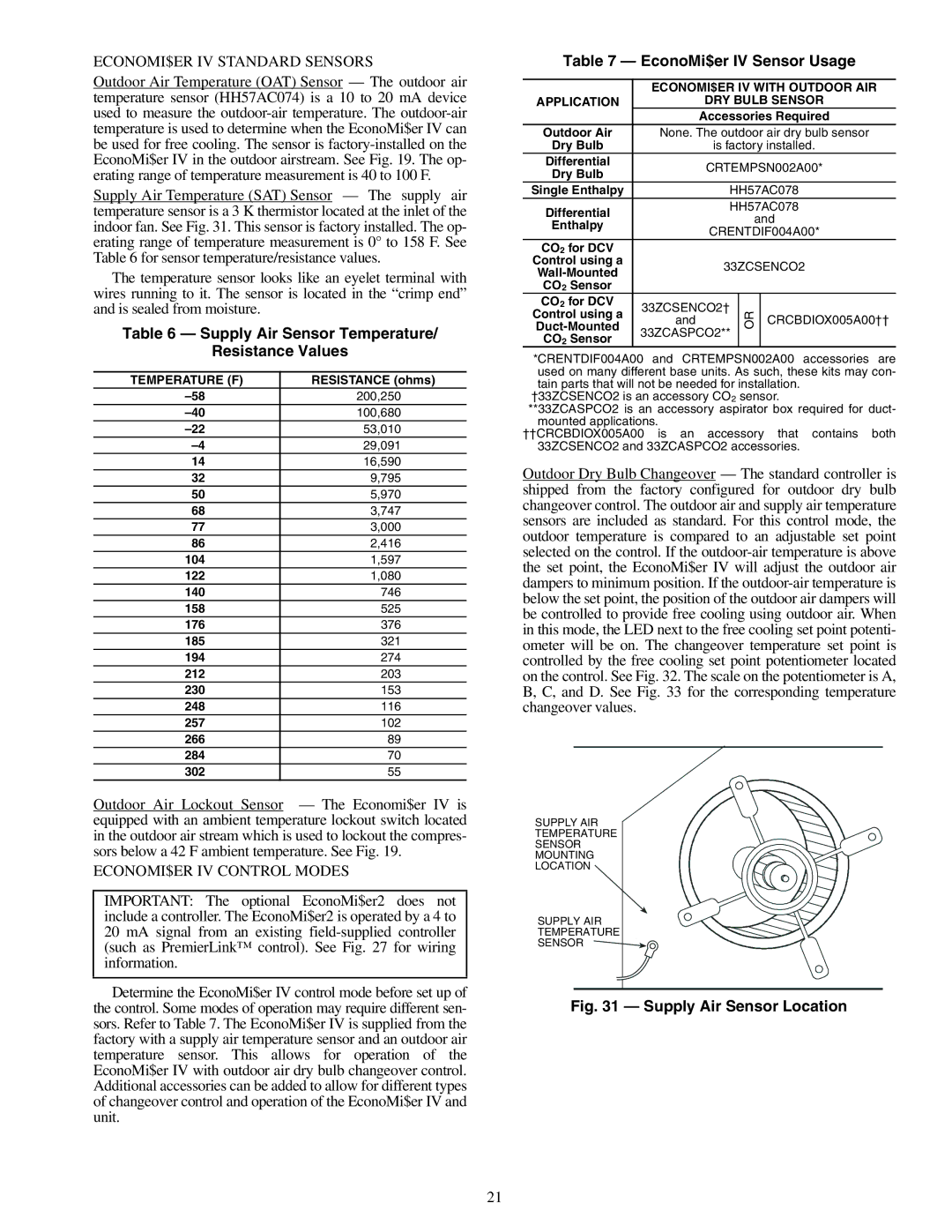 Carrier 50TFQ008-012 specifications Supply Air Sensor Temperature Resistance Values, EconoMi$er IV Sensor Usage 