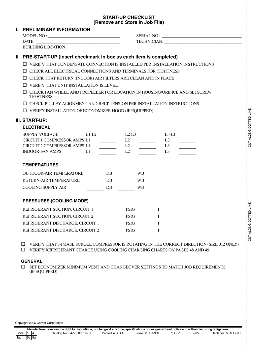 Carrier 50TFQ008-012 specifications START-UP Checklist, Preliminary Information, Iii. Start-Up 