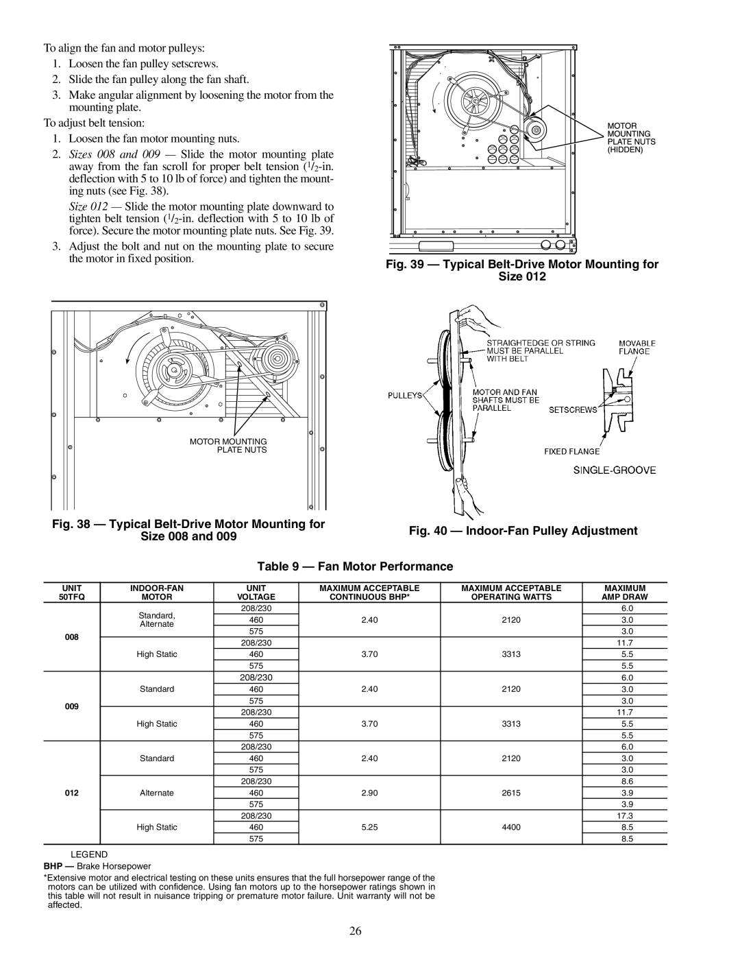 Carrier 50TFQ008-012 specifications Typical Belt-DriveMotor Mounting for, Indoor-FanPulley Adjustment, Size 008 and 