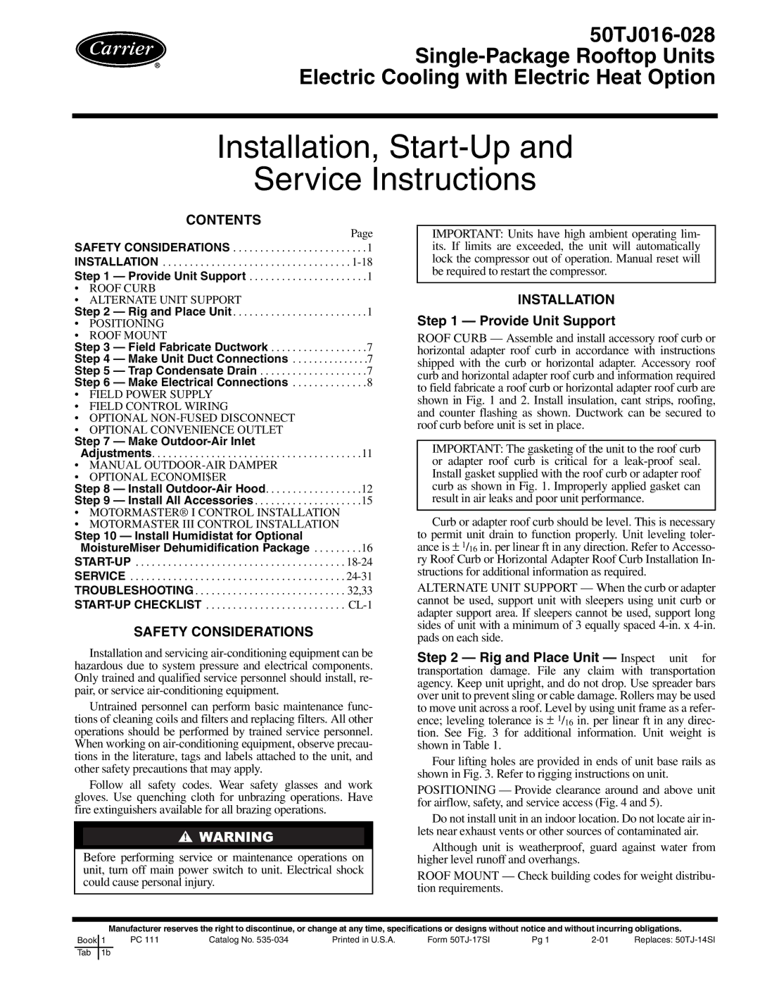 Carrier 50TJ016-028 specifications Contents, Installation, Safety Considerations 