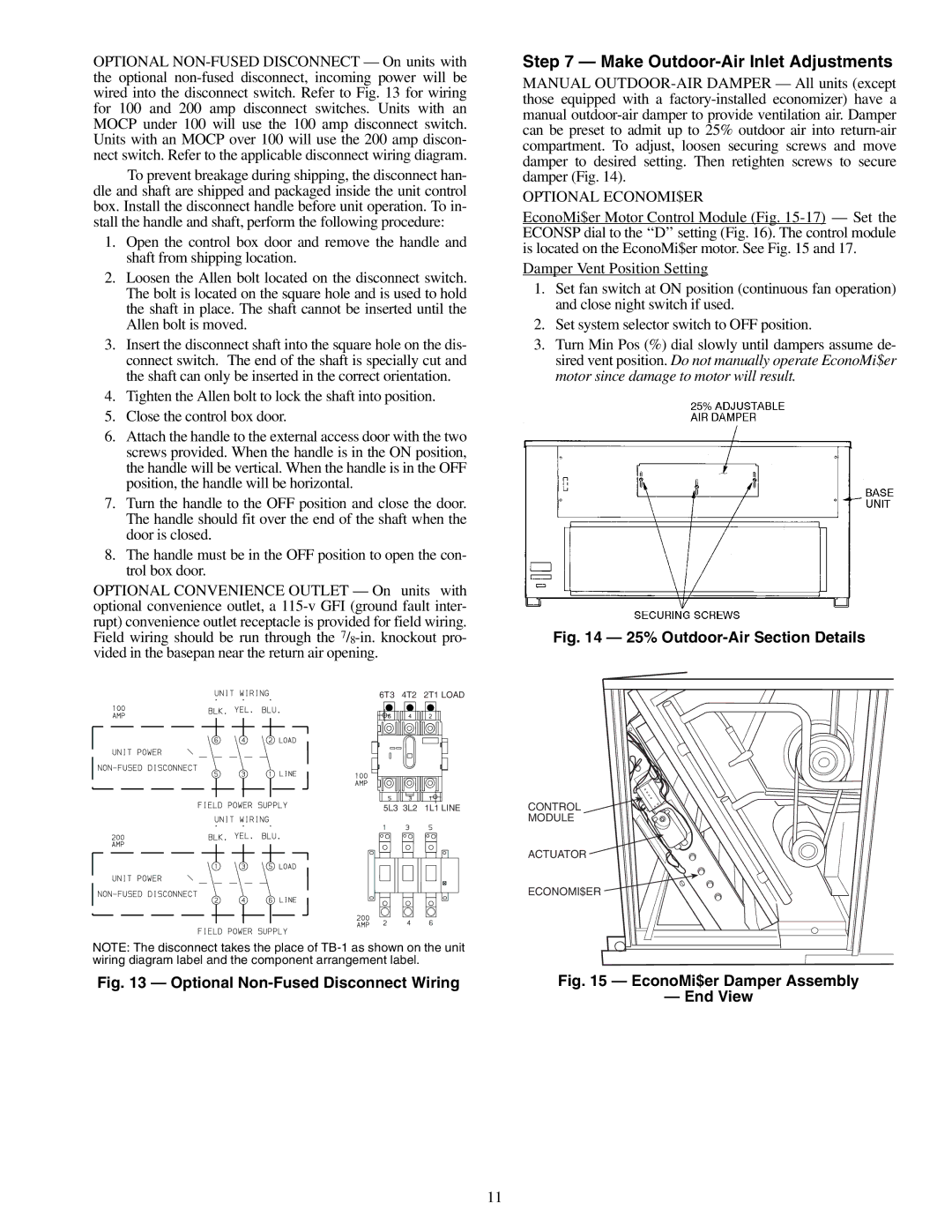 Carrier 50TJ016-028 specifications Make Outdoor-Air Inlet Adjustments, Optional Non-Fused Disconnect Wiring 