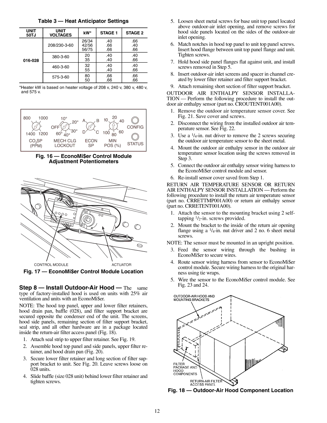 Carrier 50TJ016-028 specifications Heat Anticipator Settings, Unit Stage 