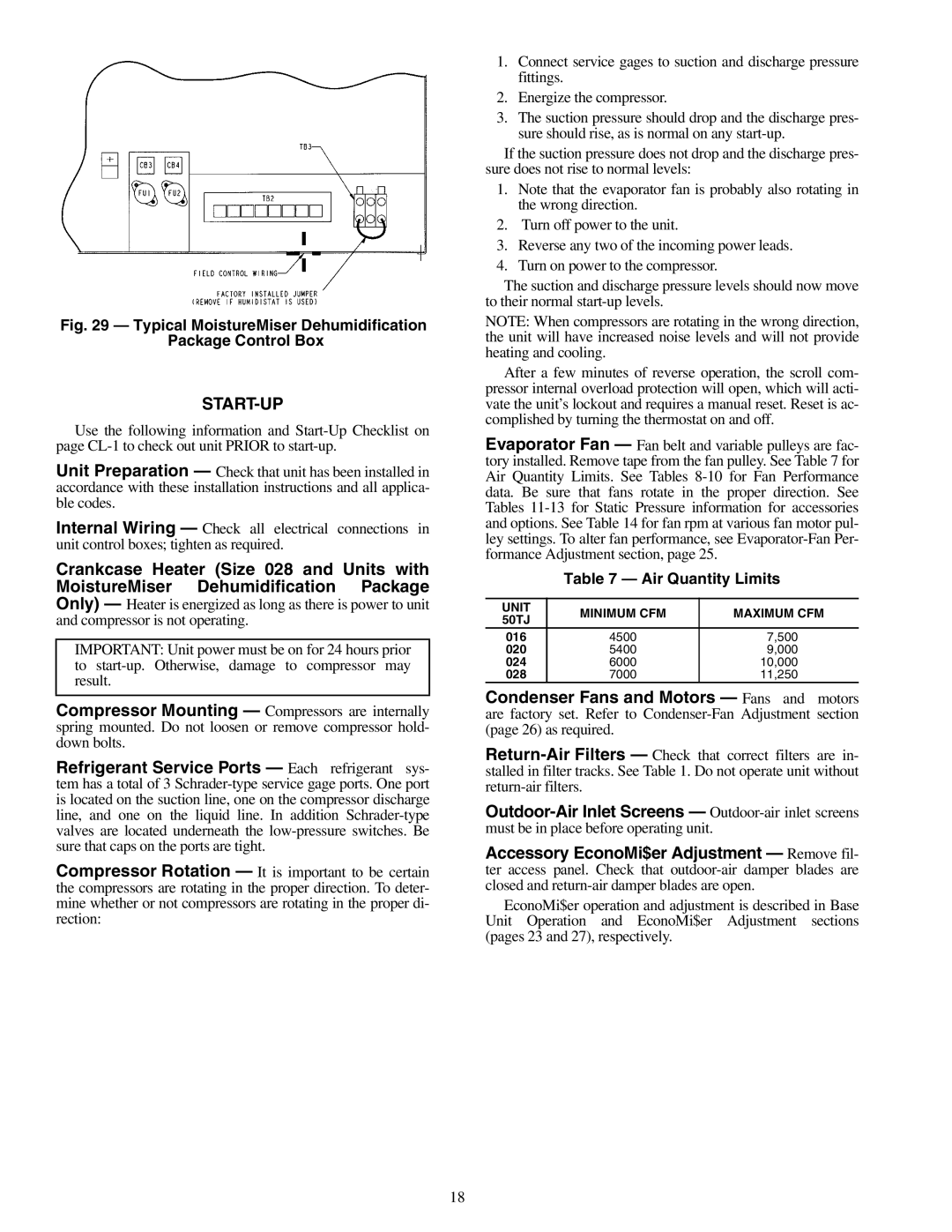 Carrier 50TJ016-028 specifications Start-Up, Air Quantity Limits, Unit Minimum CFM Maximum CFM 