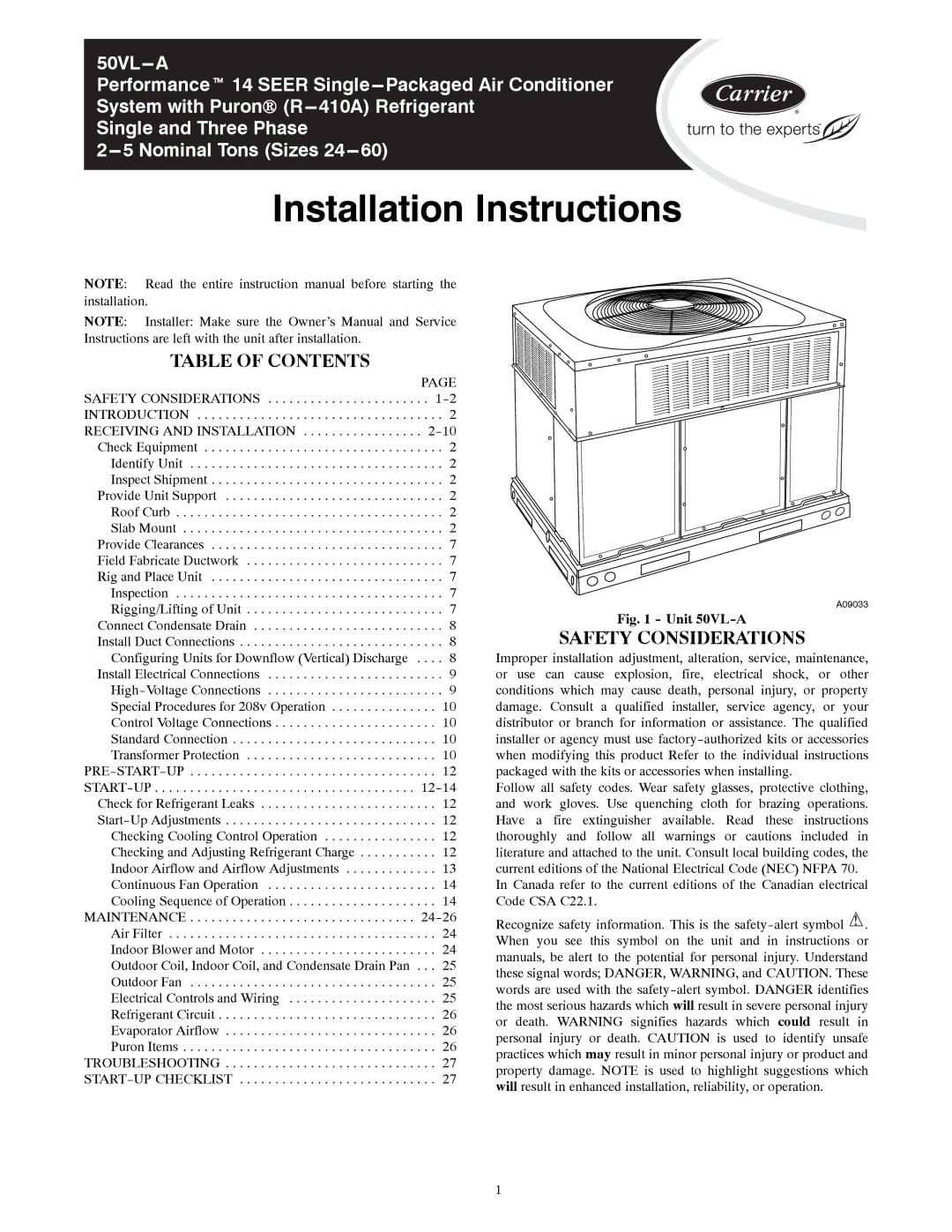 Carrier 50VL---A installation instructions Table of Contents, Safety Considerations 