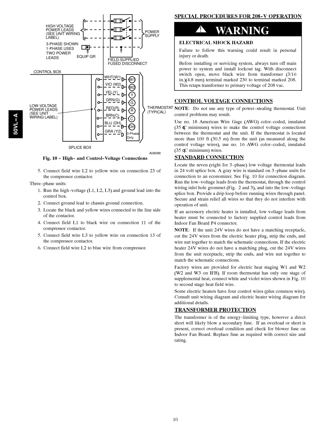 Carrier 50VL---A Special Procedures for 208-V Operation, Control Voltage Connections, Standard Connection 