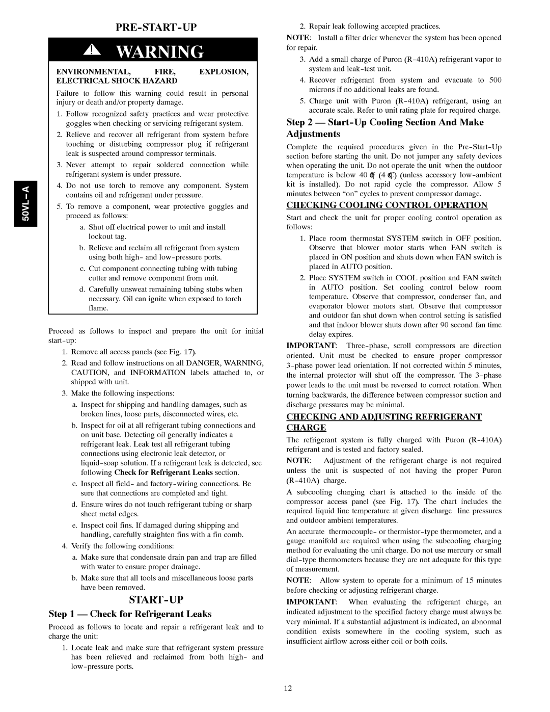 Carrier 50VL---A Pre-Start-Up, Check for Refrigerant Leaks, Start-Up Cooling Section And Make Adjustments 