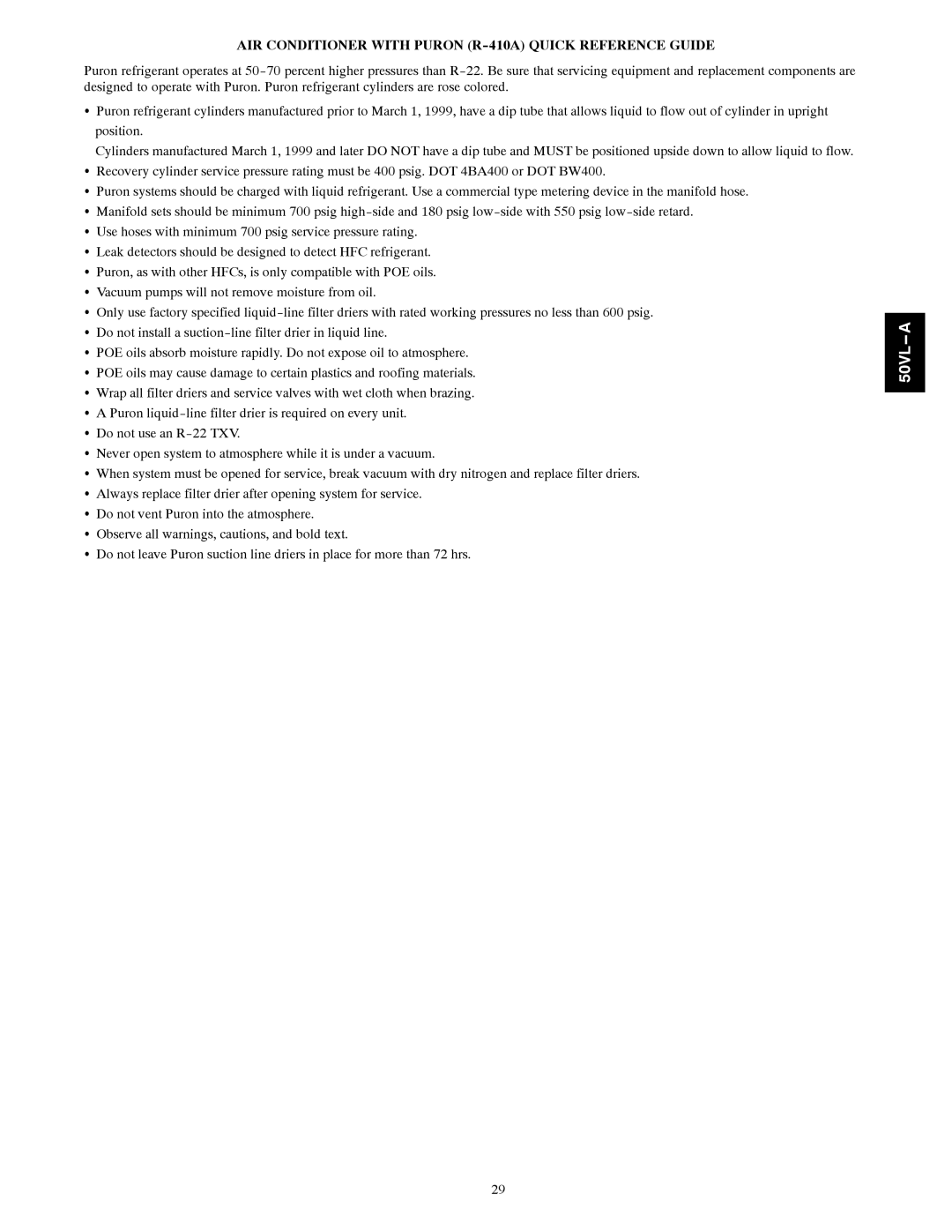 Carrier 50VL---A installation instructions AIR Conditioner with Puron R-410A Quick Reference Guide 