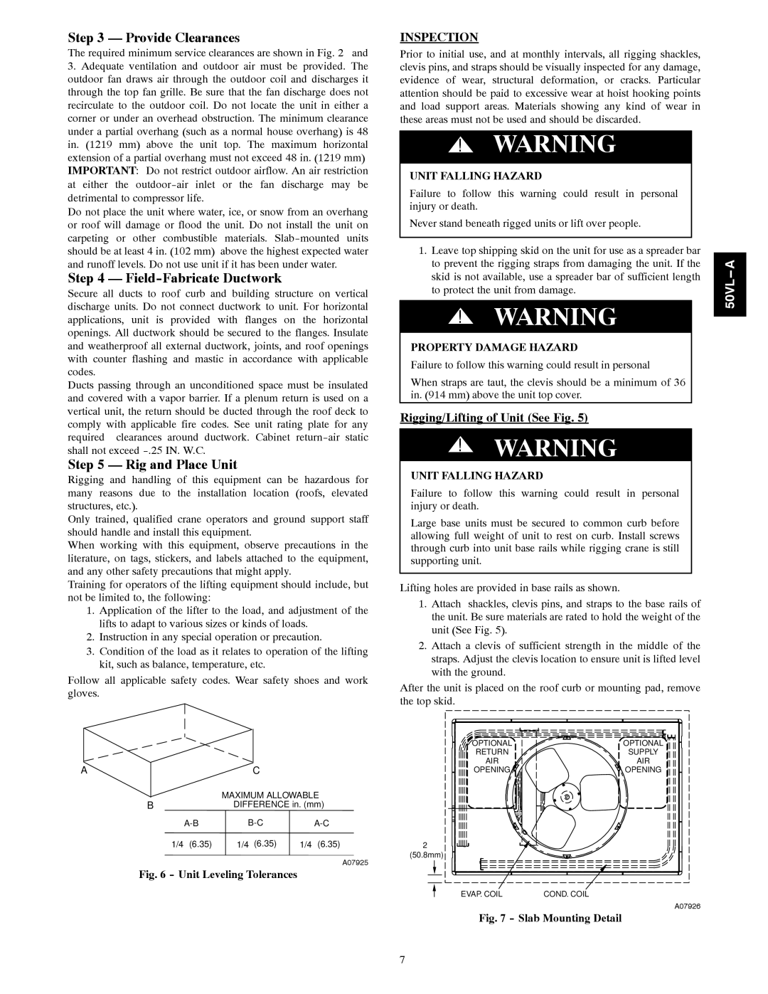 Carrier 50VL---A installation instructions Provide Clearances, Field-Fabricate Ductwork, Rig and Place Unit, Inspection 