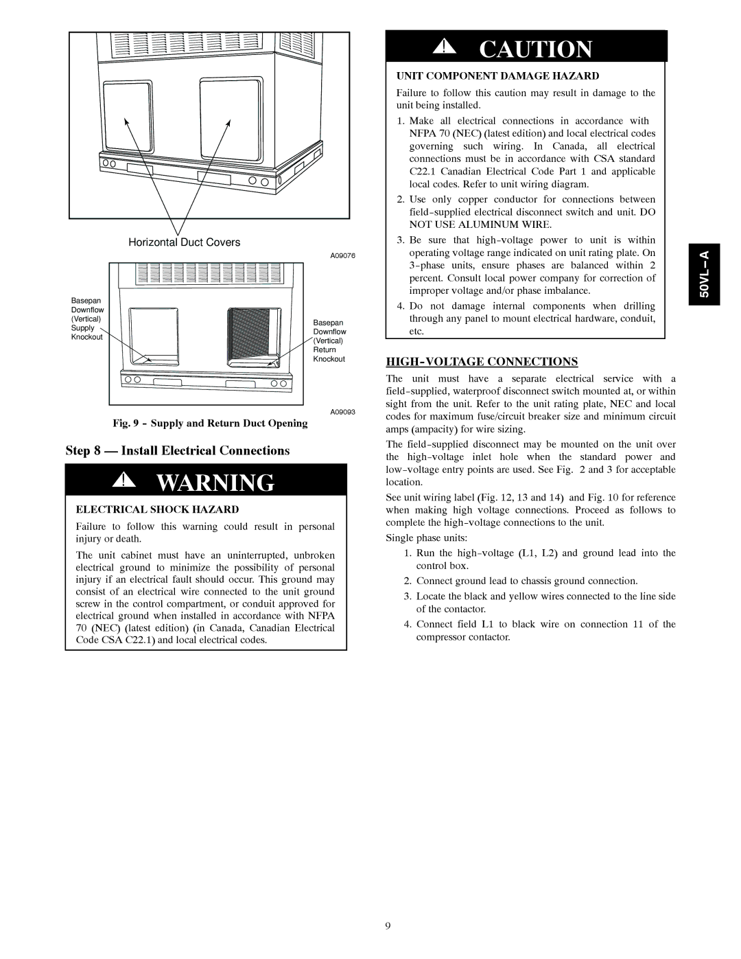 Carrier 50VL---A Install Electrical Connections, HIGH-VOLTAGE Connections, Unit Component Damage Hazard 